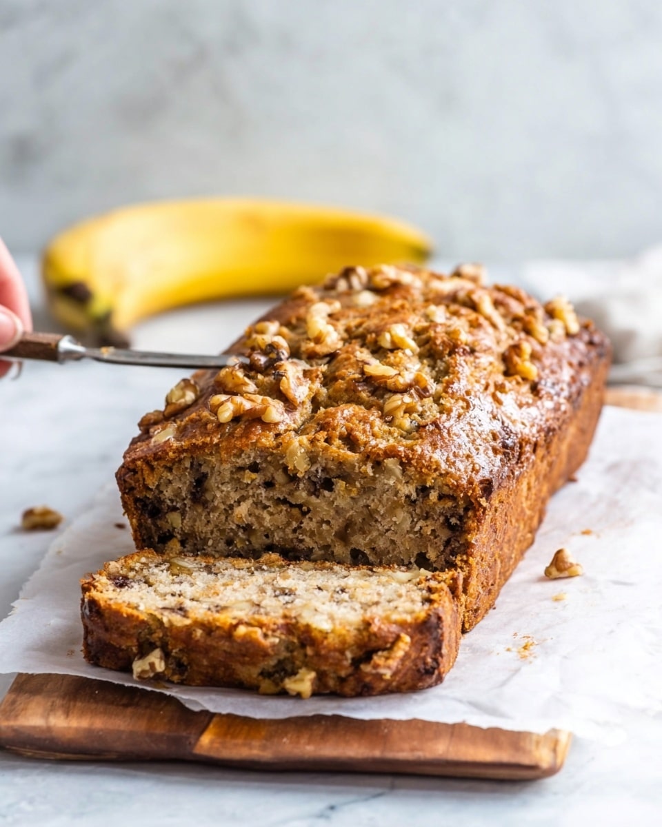 A loaf of banana nut bread is shown on white parchment paper placed on a wooden board, with one thick slice cut from the front. The bread has a golden-brown crust with a slightly rough texture, studded with pieces of walnuts on the top and inside the bread. A woman's hand holds a metal knife inserted under the slice, lifting it slightly. In the background, a ripe yellow banana is visible, all set on a white marbled surface. photo taken with an iphone --ar 4:5 --v 7