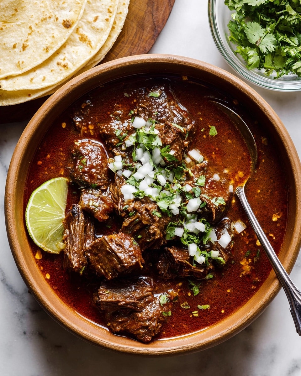 A brown clay bowl holds a rich, dark brown stew with tender chunks of shredded meat soaked in thick sauce. On one side, there are small pieces of white onion mixed with fresh green cilantro leaves scattered on top. Two lime wedges with a light green-yellow color rest on the edge of the bowl. A silver spoon sits inside the bowl near the bottom, partially covered with the sauce. The bowl is placed on a light wood surface with a soft focus background. photo taken with an iphone --ar 4:5 --v 7