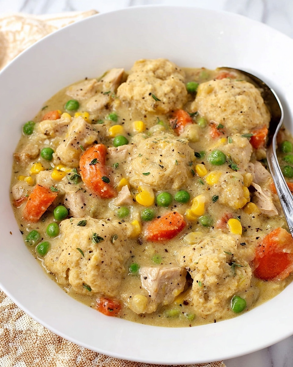 A close-up view of a white bowl filled with a thick stew that has several layers of ingredients mixed together. The main layer is creamy and light brown, textured with small chunks throughout. Scattered inside are bright orange carrot slices, vibrant green peas, and pale yellow corn pieces. There are also moist, light beige chunks of meat evenly spread out. Several round, light brown biscuit-like dumplings sit on top of the stew, dotted with corn and black pepper. A silver spoon rests on the edge of the bowl. The bowl sits on a white marbled surface with a beige patterned cloth partially visible under it. Photo taken with an iphone --ar 4:5 --v 7