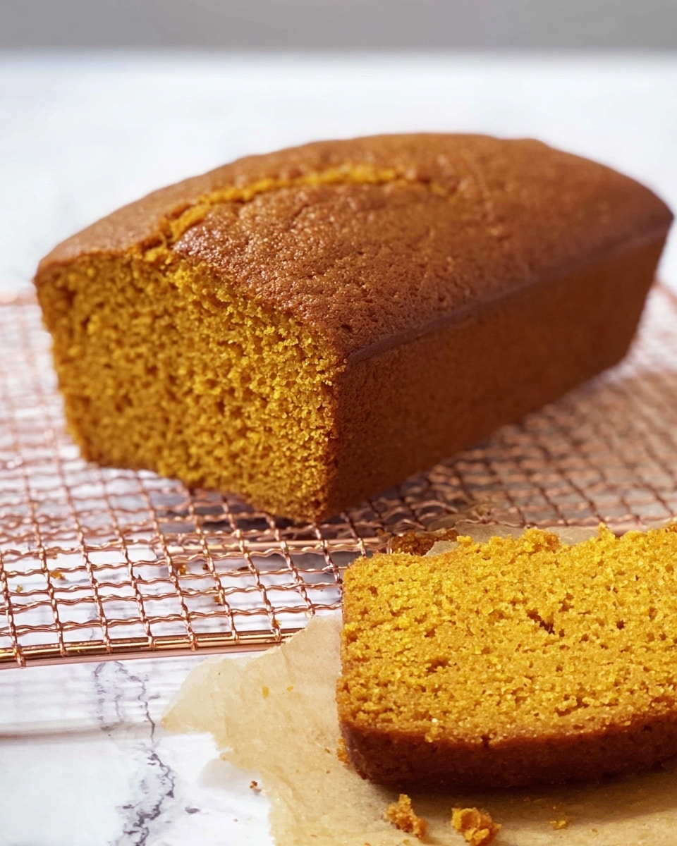 A loaf of golden-brown bread with a slightly cracked top sits on a rose-gold wire cooling rack placed on a white marbled surface. The inside of the bread is moist and dense with a warm orange hue. In the front right corner, there is a single thick slice of the bread resting on a piece of brown parchment paper, showing its crumbly texture and rough edges. The background is softly blurred, keeping the focus on the bread, photo taken with an iphone --ar 4:5 --v 7
