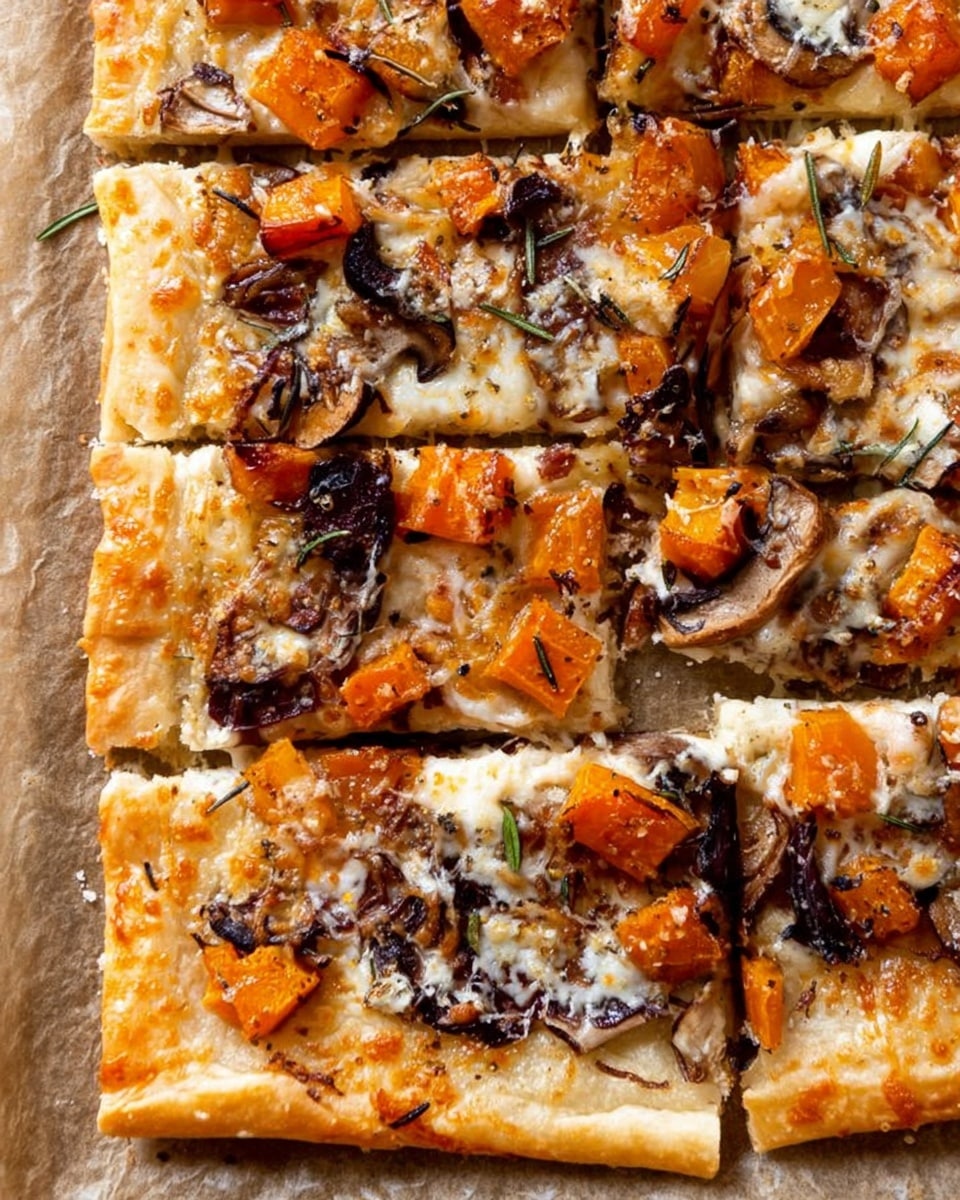 A rectangular pizza with a golden-brown, puffed crust edge rests on parchment paper over a baking tray. The pizza is topped with uneven slices of orange squash or pumpkin, scattered dark brown sautéed mushrooms, melted white cheese sprinkled lightly on top, and small green herb bits for garnish. The cheese beneath the toppings is melted and slightly browned near the crust. The parchment paper has some brown spots from baking, all set on a white marbled surface. Photo taken with an iphone --ar 4:5 --v 7