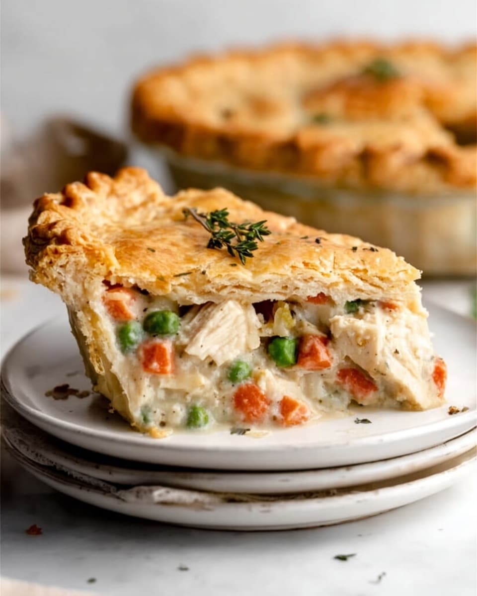 The image shows a slice of chicken pot pie on a stack of two white plates on a white marbled surface. The slice has a thick golden brown top crust with crisp edges, topped with a small sprig of thyme. Inside the slice, there are visible chunks of white chicken pieces mixed with orange carrots, green peas, and a creamy light beige sauce. The pie crust edges are crimped and slightly flaky. The background shows the whole pie slightly out of focus, with a warm and cozy feel. photo taken with an iphone --ar 4:5 --v 7