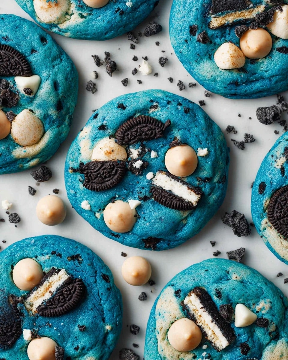 A stack of three bright blue cookies with a soft, thick texture sits on a white marbled surface. The bottom two cookies show visible bits of dark chocolate and white chocolate chips embedded in the blue dough. The top cookie is broken in half and placed on the stack to show its inside, revealing layers of black and white sandwich cookie pieces mixed into the blue dough along with small chunks of light brown cookie dough. Scattered chocolate chips and mini cookie pieces are around the stack. In the blurry background, a clear bottle with milk is visible. photo taken with an iphone --ar 4:5 --v 7