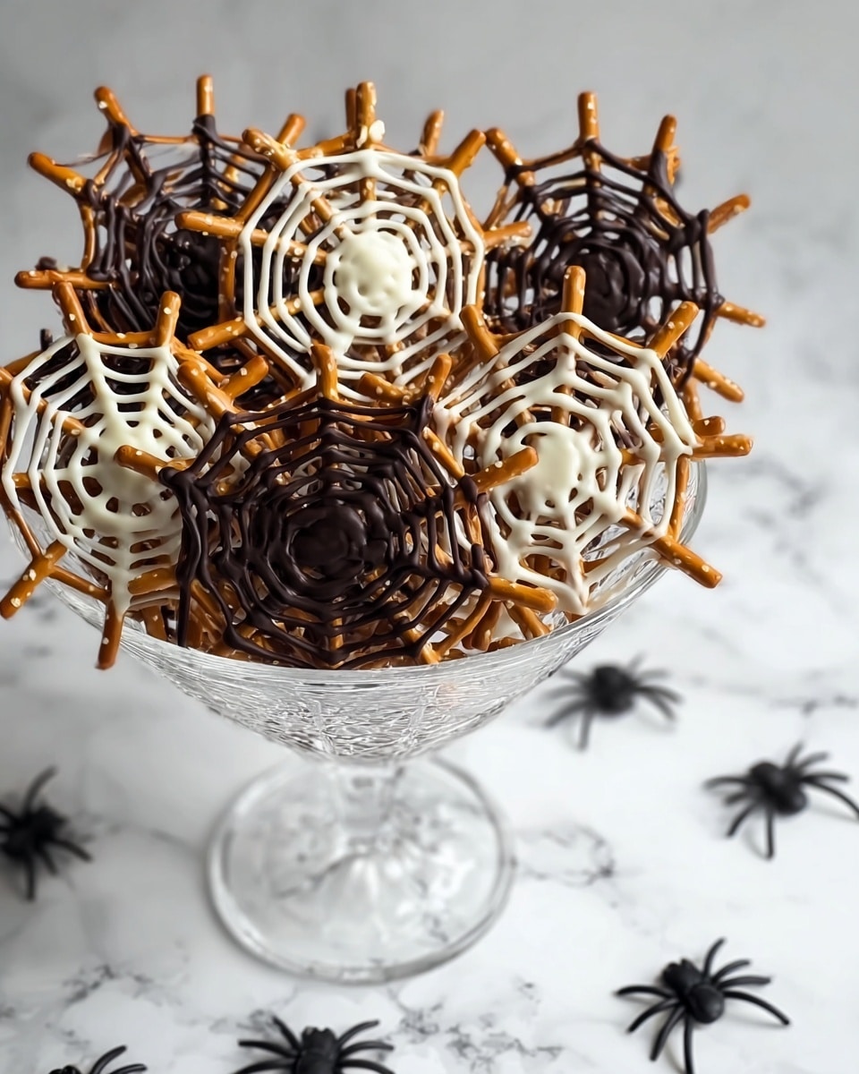 This image shows small spider web shapes made from pretzel sticks and chocolate. Each spider web has six pretzel sticks arranged in a star with a light brown color and crunchy texture. Over the pretzels are thin spiral layers of chocolate, either dark brown or white, tracing the web shape. The white chocolate web is on the left, with pale, smooth lines, and the dark chocolate webs are on the right and bottom, with shiny, rich brown lines. All the spider webs lie on a flat white marbled surface. Photo taken with an iphone --ar 4:5 --v 7