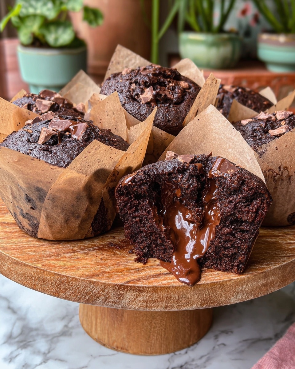 The image shows several chocolate muffins arranged on a wooden cake stand. Each muffin is wrapped with brown parchment paper that peeks out around the edges. The muffins have a dark brown, slightly rough textured top with melted chocolate pieces visible. One muffin is broken in half at the front, revealing a moist and dense deep brown interior filled with creamy melted chocolate oozing out. The background has potted plants and a white marbled surface beneath the stand. photo taken with an iphone --ar 4:5 --v 7