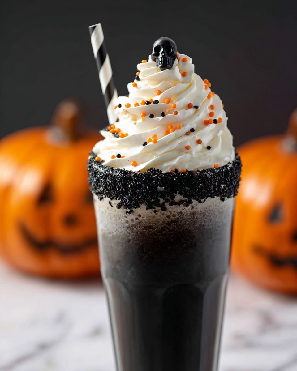 A tall, black glass filled with a dark drink has a thick layer of white whipped cream on top swirled in soft peaks. The cream is sprinkled with small, round orange and black sprinkles, and a small black candy skull decorates the peak. The rim of the glass is coated with coarse black sugar crystals. A black and white striped paper straw is placed inside the drink, leaning slightly to the left. The scene is set against a white marbled surface with two blurred orange jack-o'-lantern pumpkins in the background. photo taken with an iphone --ar 4:5 --v 7