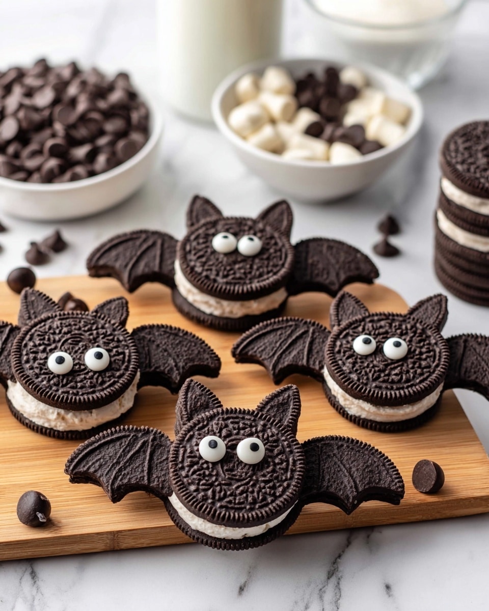 The image shows a close-up of a bat-shaped cookie made from chocolate sandwich cookies on a black and white spider web patterned cloth. The main body is one whole round chocolate cookie with intricate patterns on top, placed in the center. Two half-circle cookie pieces are attached on each side to form the bat wings. Two white candy eyes with green dots in the center are placed near the top middle of the main cookie. Two small chocolate chips sit above the eyes to look like bat ears. Around the bat cookie, there are more chocolate cookies, some whole and some half pieces. The setting has a white marbled background visible at the corner, and a woman's hand is partly seen touching the edge of a white plate holding more cookies. photo taken with an iphone --ar 4:5 --v 7