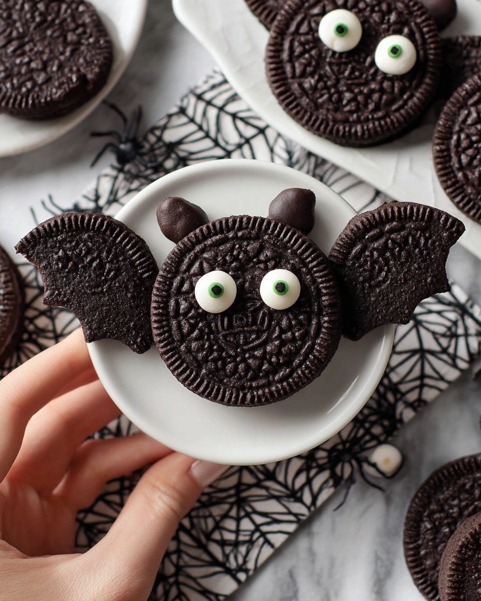 The image shows a white round plate filled with bat-shaped cookies made from chocolate sandwich cookies. Each bat has one whole circular cookie for the body, with two smaller crescent-shaped cookie pieces attached on each side for wings. On the body, two white candy eyes with black centers are placed near the top, and two tiny chocolate chips are used as small bat ears above the eyes. Around the plate, there are some extra candy eyes and cookie pieces scattered on a white marbled surface, with small bowls of chocolate chips and milk in the background. The whole scene is clean and bright. Photo taken with an iphone --ar 4:5 --v 7