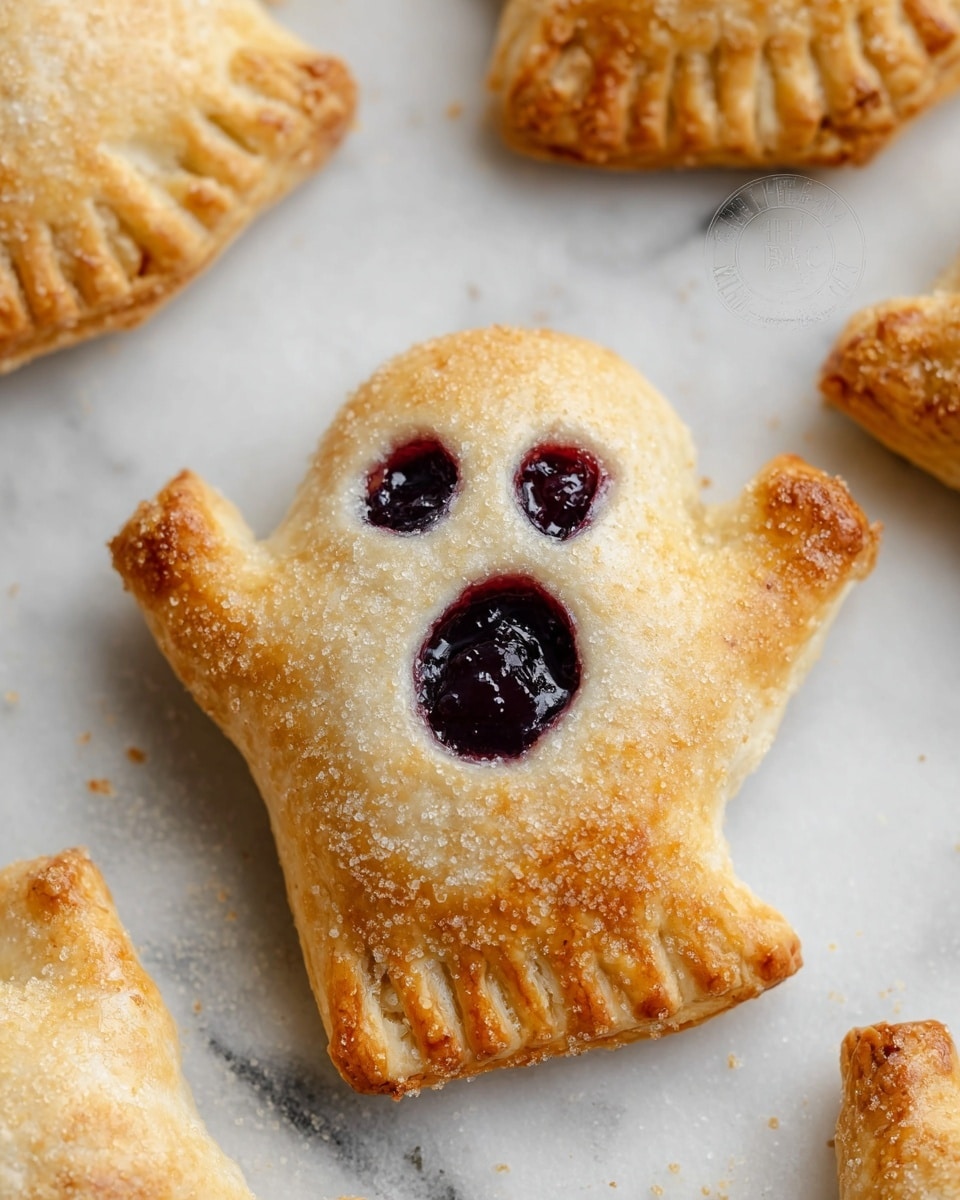 The image shows a small ghost-shaped pastry with a golden-brown baked crust that looks flaky and lightly sprinkled with sugar. The pastry has two small round holes at the top for eyes, revealing a dark purple filling underneath, and a larger round open mouth filled with the same glossy, dark purple fruit jam. The edges of the pastry are crimped to seal the filling inside, creating a slightly raised border around the shape. The pastry sits on a white marbled textured surface with similar pastries partially visible around it. photo taken with an iphone --ar 4:5 --v 7