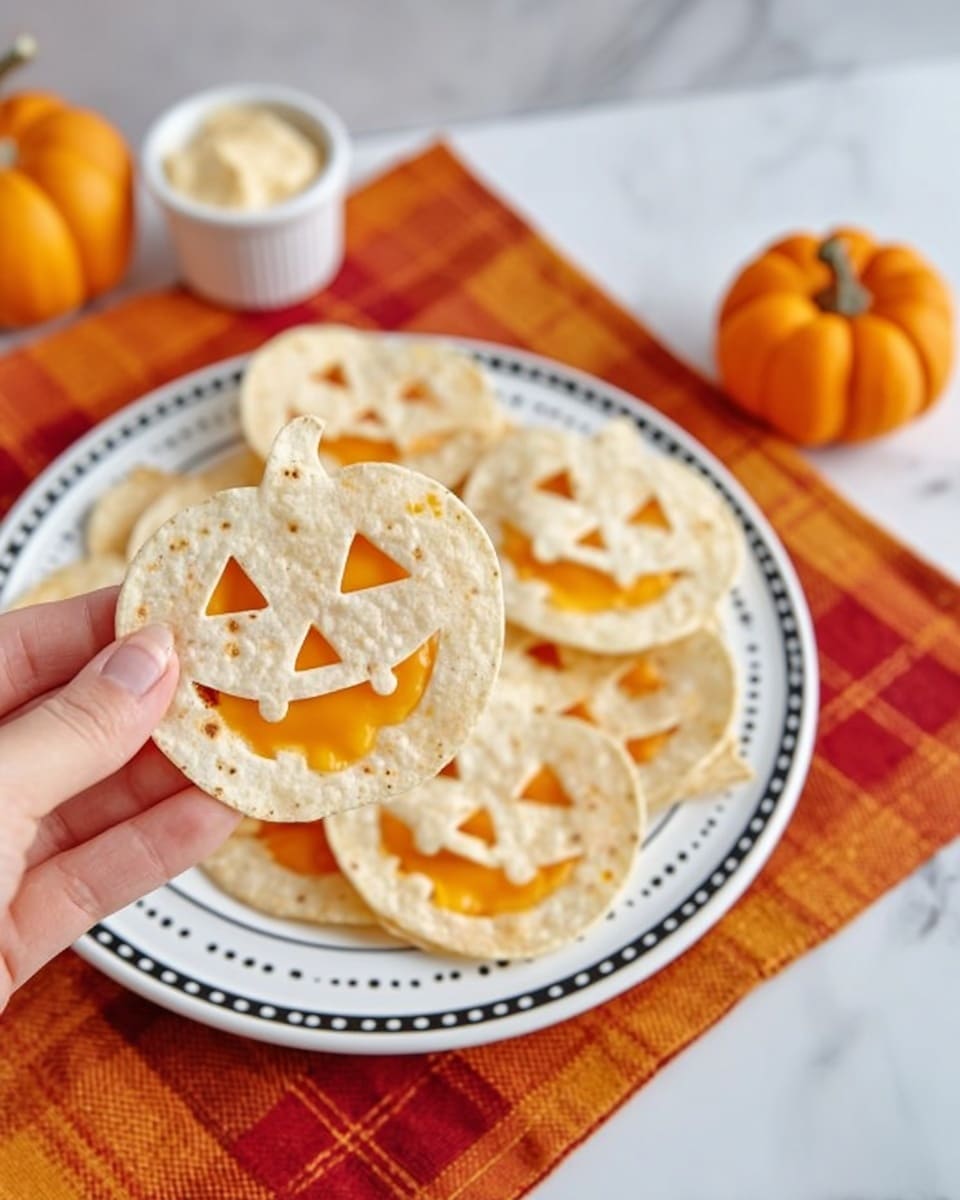 The image shows multiple pumpkin-shaped quesadillas arranged on a white plate with black geometric lines around the edge. Each quesadilla has a light beige, soft tortilla base with triangular cutouts for eyes and a mouth, revealing the bright orange melted cheese inside that forms a jack-o'-lantern face. The quesadillas have a slightly toasted texture with small brown spots. The plate is placed on a colorful woven mat with red, orange, and brown stripes, sitting on a white marbled surface. photo taken with an iphone --ar 4:5 --v 7