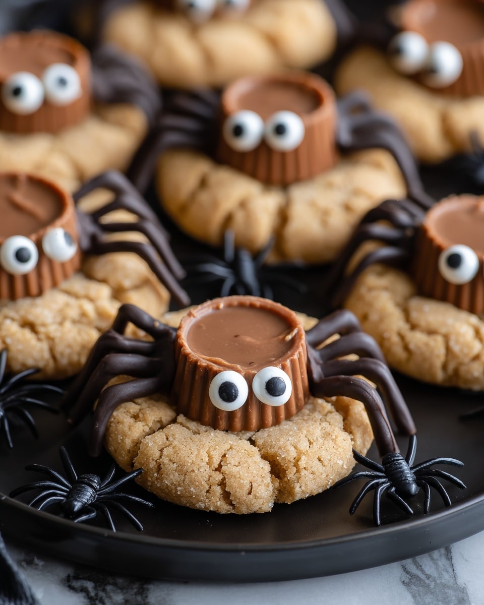 The image shows a stack of three light brown sugar cookies, each decorated with dark brown chocolate spider legs drawn on the top edges. On top of each cookie sits a chocolate peanut butter cup, standing up. Each peanut butter cup has two white candy eyes with black centers placed right in front, creating a cute spider face effect. The stack is placed on a black plate, which sits on an orange and black cloth with small black plastic spiders around it. The background has a soft blurred effect with dark tones. Photo taken with an iphone --ar 4:5 --v 7