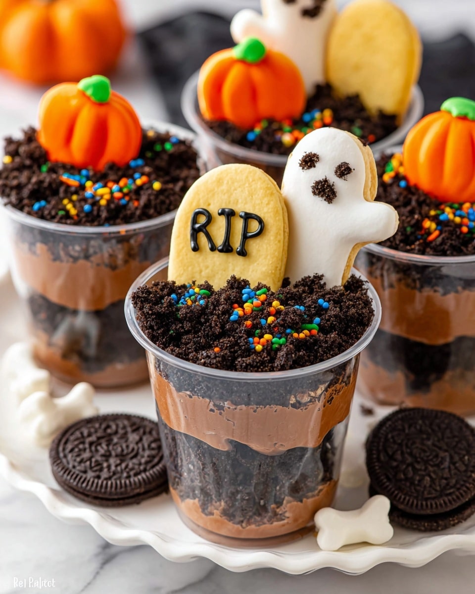The image shows clear cups filled with three visible layers: the bottom layer is light brown creamy pudding, the middle layer consists of dark, crumbly cookie bits resembling soil, and the top layer is decorated with small, colorful round sprinkles in green, orange, blue, and black, along with tiny white bone-shaped candies. Each cup has a small orange pumpkin candy with a green top placed on the cookie layer. Some cups feature a yellow cookie shaped like a tombstone with