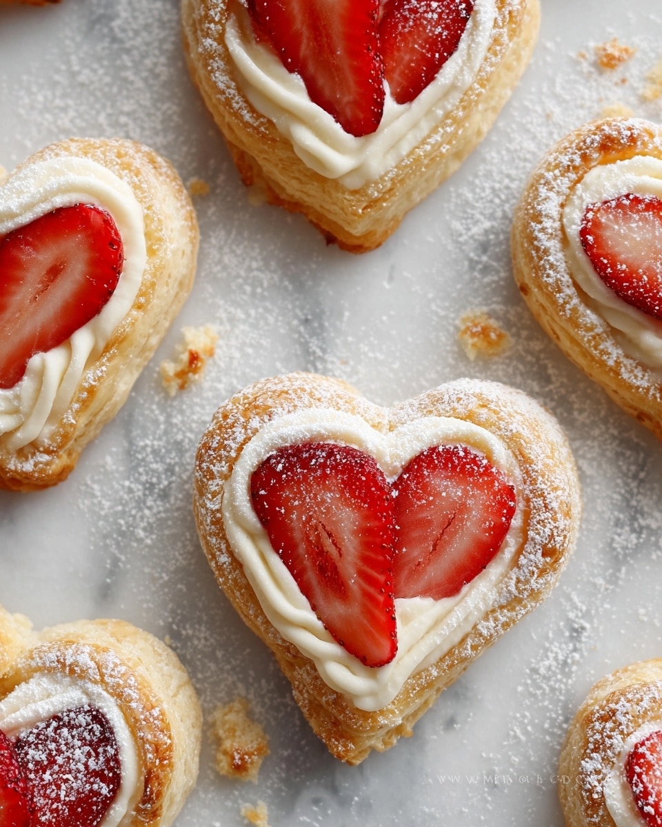The image shows several heart-shaped pastries arranged on a white marbled surface. Each pastry has three visible layers: a golden-brown, flaky crust forming the outer shape, a middle cream-colored layer that looks soft and smooth, and a top layer with two bright red strawberry slices placed side by side inside the heart shape. The pastries are dusted lightly with white powdered sugar, adding a soft texture and a snowy effect on top. The pastries are spread out with some space between them, and there are small crumbs and bits of sugar scattered around. Photo taken with an iphone --ar 4:5 --v 7