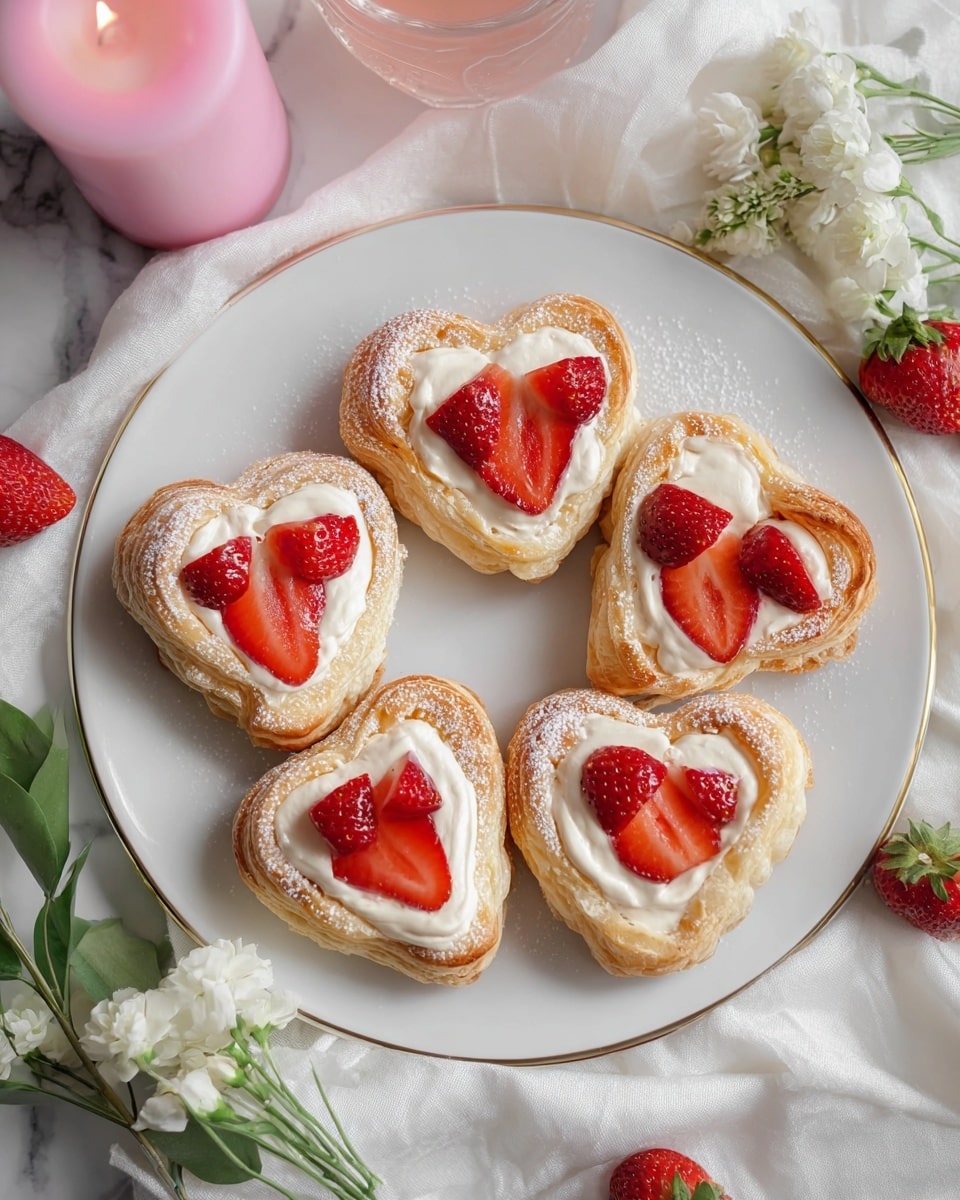 The image shows several small pastries with a light golden, flaky puff pastry base that has many thin, crispy layers. Each pastry has a creamy white layer of filling on top, smooth in texture, with two bright red strawberry slices arranged on it. The pastries are sprinkled lightly with white powdered sugar, giving a soft dusted look. One pastry is held slightly above the others, showing the airy, layered texture of the pastry underneath the cream and strawberries. The whole scene is set on a white marbled surface. photo taken with an iphone --ar 4:5 --v 7