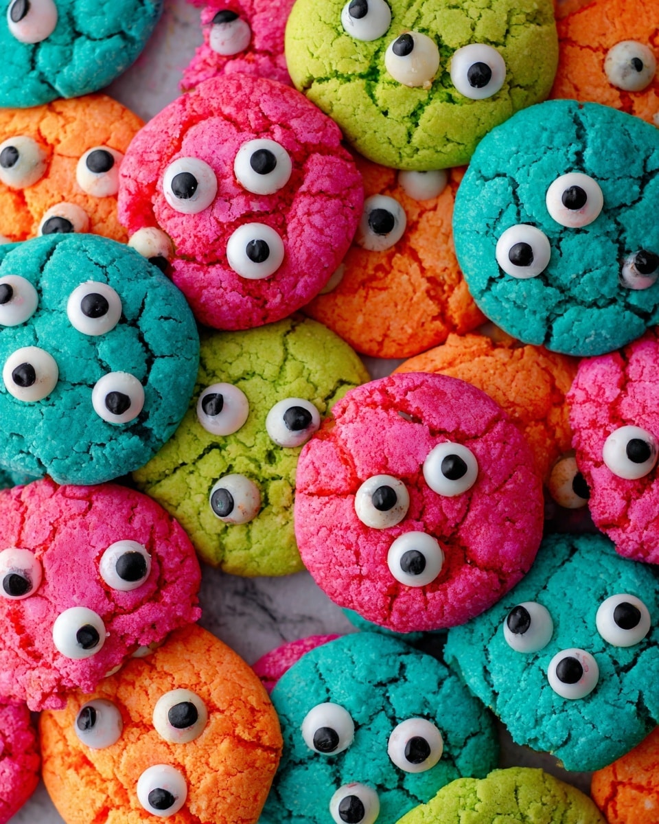 The image shows a pile of colorful cookies with a cracked texture, each decorated with multiple candy eyes of different sizes. The cookies come in bright pink, blue, orange, and green colors, mixed randomly in the pile. Each cookie is round and has a rough, cracked surface with candy eyes scattered across, creating a playful and quirky look. The background is a white marbled texture, enhancing the vivid colors of the cookies. photo taken with an iphone --ar 4:5 --v 7