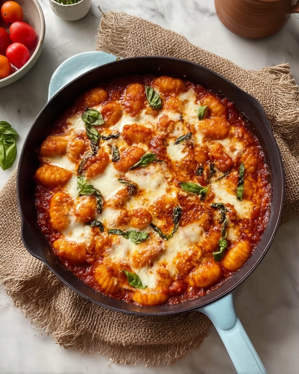 A black pan with a light blue handle holds a baked dish with three main layers: the bottom layer is a rich red tomato sauce with small chunks, the middle layer is orange, textured gnocchi pieces evenly spread, and the top layer is melted white cheese with browned spots and small green basil leaves scattered around. The pan rests on a beige woven cloth over a white marbled surface, with some cherry tomatoes in a white bowl nearby and a small brown pot visible in the corner. photo taken with an iphone --ar 4:5 --v 7