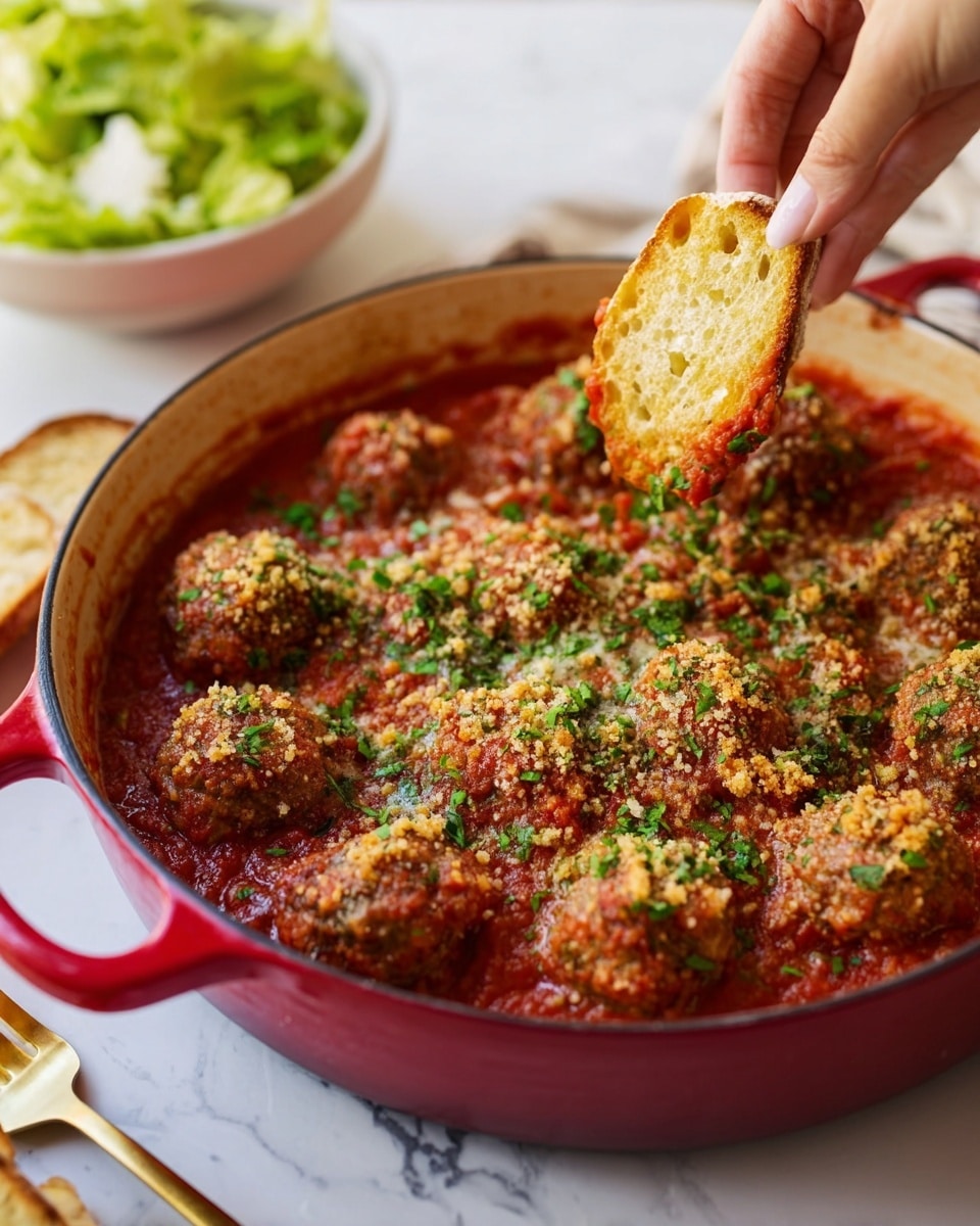 A round red pot filled with several brown meatballs covered in red tomato sauce, topped with a golden crumb layer and small green parsley pieces scattered evenly. A woman's hand is holding a piece of golden toasted garlic bread dipped partly into the sauce. The background shows blurred light green salad in a white bowl and a gold fork lying on a white marbled surface photo taken with an iphone --ar 4:5 --v 7