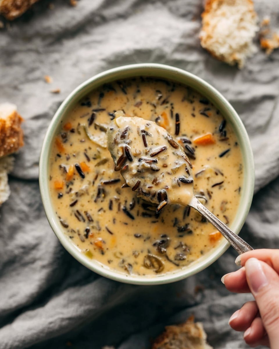 A close-up of a bowl of creamy soup held by a woman's hand, with a spoon lifting some of the soup. The soup has a thick texture and is a light tan color with visible dark grains of wild rice and small chunks of orange vegetables mixed throughout. The bowl is white with a slight greenish tint, round, and filled nearly to the top. The background is a soft, wrinkled gray cloth with torn pieces of light brown bread scattered around the bowl. Photo taken with an iphone --ar 4:5 --v 7