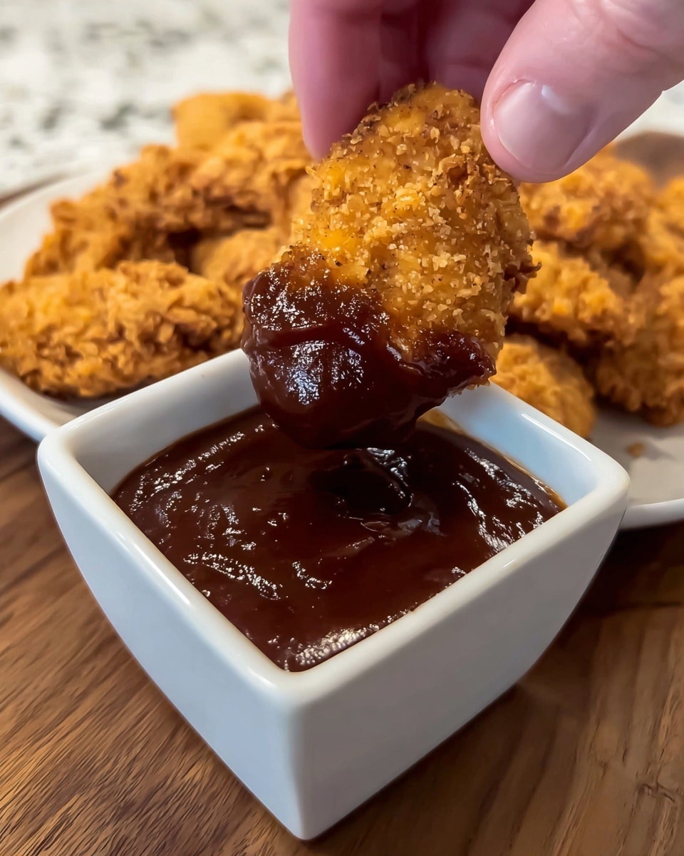 A close-up view shows a woman’s hand holding a golden brown, crunchy chicken strip dipped halfway into a thick, dark red barbecue sauce inside a small white square dish. Behind, there is a white plate filled with many more crispy chicken strips. The setting is placed on a brown wooden surface with a white marbled texture in the background. The focus is on the crispy texture of the chicken strip and the glossy, rich sauce covering its dipped part. Photo taken with an iphone --ar 4:5 --v 7