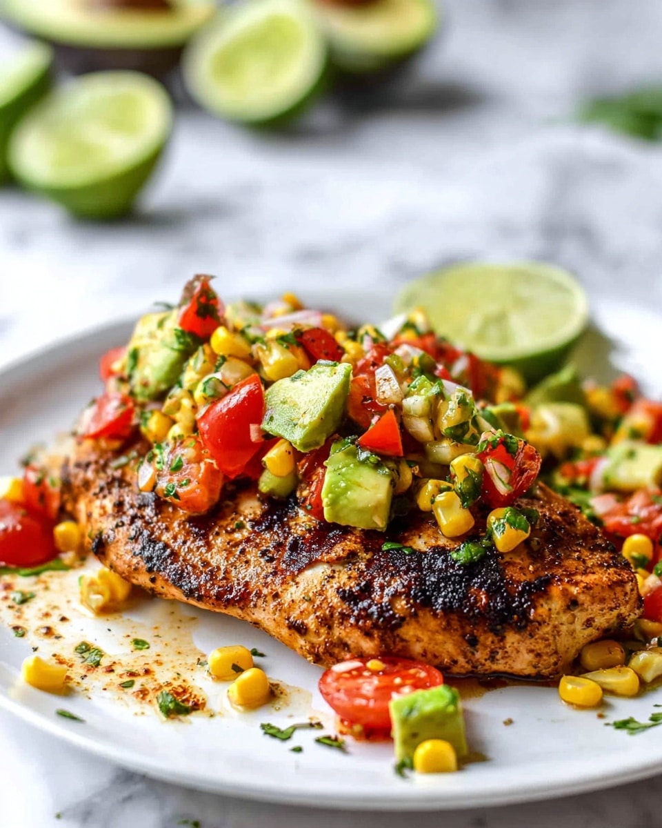 A white plate with a single grilled fish fillet as the base layer, its surface dark brown with visible grill marks and spices giving a textured look. On top, there is a fresh salsa made of chunky diced avocado in pale green, bright red tomatoes, small pieces of red onion, toasted corn kernels in yellow with some char marks, and finely chopped green herbs scattered throughout. The salsa looks colorful and fresh, sitting generously on the fish. The plate is on a white marbled surface with slight blurring in the background to focus on the dish, photo taken with an iphone --ar 4:5 --v 7