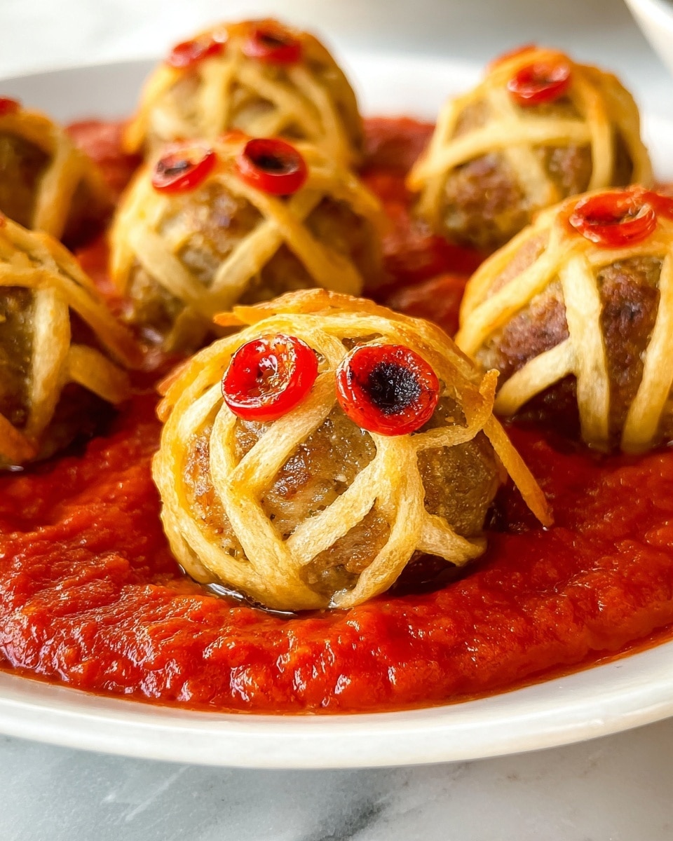The image shows small round meatballs wrapped with thin golden pastry strips in a criss-cross pattern on a white plate, each meatball topped with two small bright red pepperoni slices. The meatballs are placed on a thick, chunky red tomato sauce that covers the bottom of the plate. The texture contrasts with the crispy golden pastry and the juicy, textured tomato sauce underneath, all set against a white marbled surface. Photo taken with an iphone --ar 4:5 --v 7