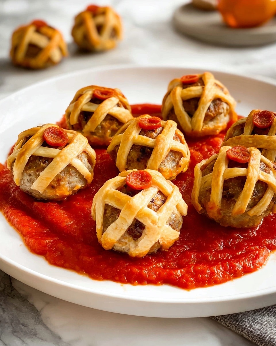 The image shows a small round meatball covered with a thin lattice of golden brown baked dough, held between a woman's hand's thumb and forefinger. The dough strips are arranged in a crisscross pattern on top of the meatball, with two small pieces of red pepper on top, resembling eyes. In the background, more meatballs with the same lattice pattern rest on a white plate partially covered with thick red sauce. The setting features a white marbled surface underneath the plate. The overall look is warm and inviting, with a close-up focus on the held meatball giving a textured detail of the meat and dough. Photo taken with an iphone --ar 4:5 --v 7