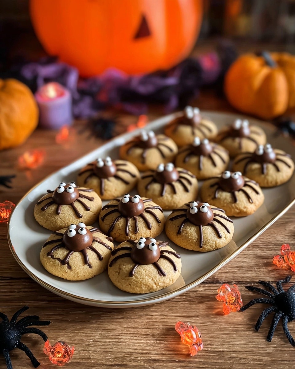 A long white oval plate holds ten light brown round cookies, each decorated to look like a spider. Each cookie has a center cluster of three chocolate spheres, with tiny white eyes on the front sphere. Dark brown lines radiate outward from the center spheres, resembling spider legs. The plate is placed on a wooden surface scattered with small Halloween decorations including orange pumpkin-shaped lights and black spiders, with a blurred orange pumpkin decoration in the background. photo taken with an iphone --ar 4:5 --v 7