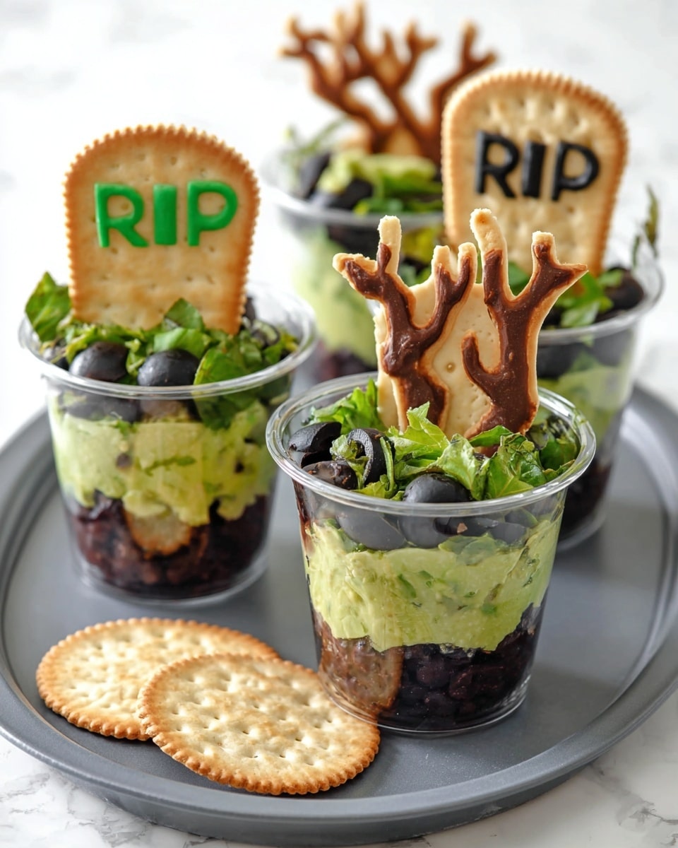 There are four clear cups filled with three layers: a bottom dark black bean layer, a middle green guacamole layer, and a top layer of chopped green onions and black olives. Each cup has two decorative crackers on top—one shaped like a tombstone with