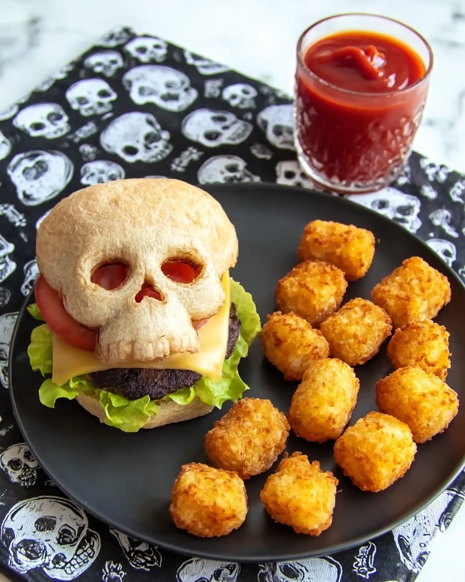 A skull-shaped sandwich bun split in two with a light golden-brown crust and soft white inside is placed on a white marbled surface. Next to it, a fully assembled sandwich sits on a white plate, showing three layers: bright green lettuce on the bottom, three slices of red tomato in the middle, and a thick, dark brown cooked meat patty topped with melted light yellow cheese. The top bun is also skull-shaped with a similar golden-brown crust and is resting over the filling. In the background, another skull-shaped bun stands upright showing its detailed face shape with shadows. photo taken with an iphone --ar 4:5 --v 7