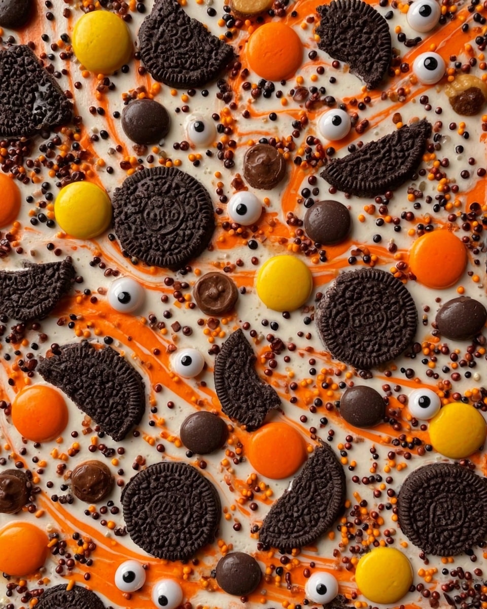 The image shows a white marbled surface covered with several layers of broken chocolate sandwich cookies with bright orange filling. Scattered among the cookies are round candy pieces in orange, yellow, and dark brown colors. Small black, orange, and white sprinkles are spread evenly all over the surface. Tiny candy eyeballs are placed randomly throughout the arrangement, adding a playful touch. The cookies and candies create a fun and colorful pattern on the white marbled background. photo taken with an iphone --ar 4:5 --v 7