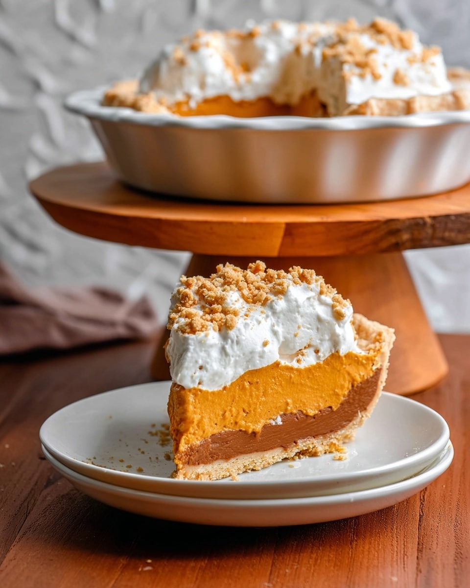 A single slice of pie sits on a white plate, showing four layers from bottom to top: a light beige crust that looks flaky, a glossy caramel layer with a smooth texture, a thick pumpkin orange filling with a soft and a bit firm texture, then a thick white whipped cream layer on top. The whipped cream is covered with a crumbly brown topping that includes bits of oats and nuts. The plate is on a white marbled surface, and warm light highlights the pie’s textures. photo taken with an iphone --ar 4:5 --v 7