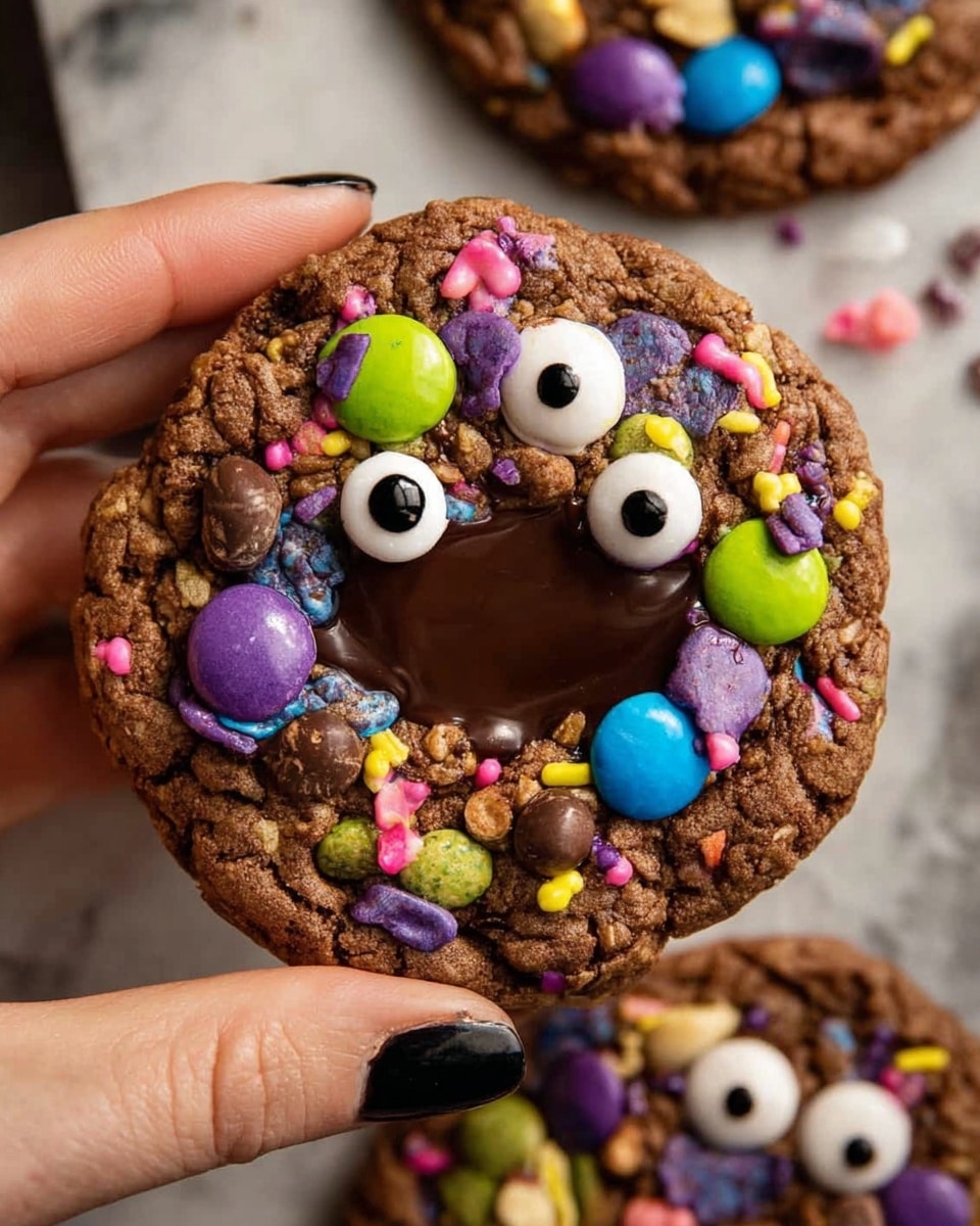 A close-up view of a single round cookie held by a woman's hand with black nail polish, showing a rough, cracked brown surface. The cookie is topped with colorful candy-coated chocolate pieces in purple, green, and blue, along with white candy eyes with black pupils scattered across the top. Brightly colored sprinkles in purple, yellow, pink, and green are spread throughout the cookie. In the center, there is a glossy, dark melted chocolate pool that adds a shiny texture contrasting with the matte cookie around it. Another similar cookie is blurry in the background on a white marbled surface. Photo taken with an iphone --ar 4:5 --v 7
