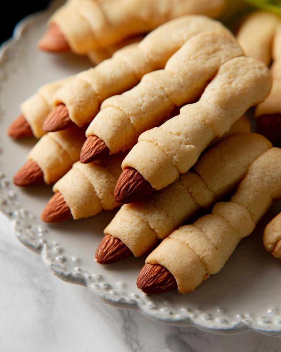 The image shows a black plate with a red border, holding many finger-shaped cookies. Each cookie looks like a pale beige finger with three indent lines to show knuckles. The tip of each cookie has a whole almond sticking out, looking like a fingernail. The cookies are arranged in a loose pile, sitting on top of green leaves that add a touch of color beneath them. The background is a white marbled surface with some wooden texture visible at the edge. Photo taken with an iphone --ar 4:5 --v 7