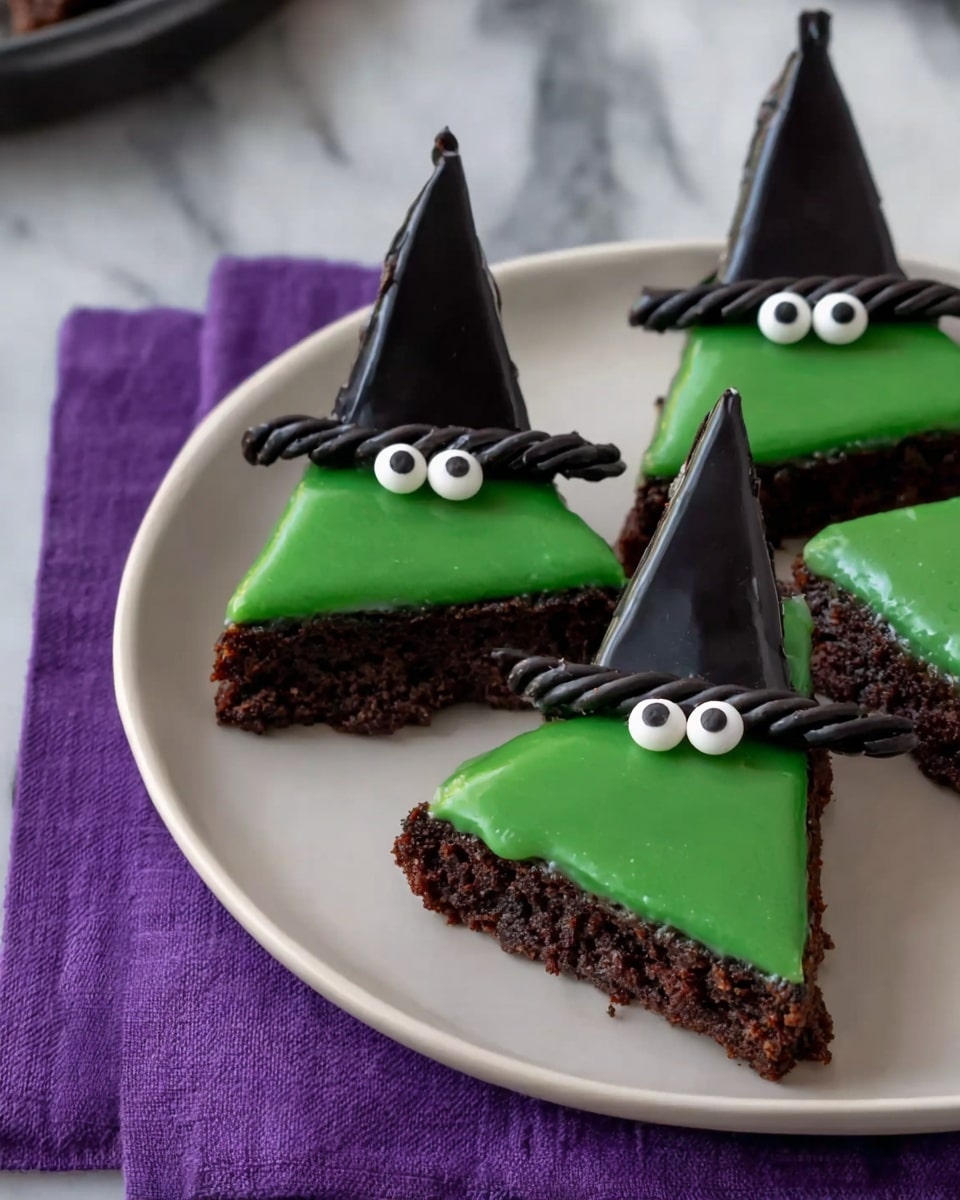 Five triangular brownie pieces are placed on a white round plate, each topped with a bright green icing layer forming a witch's face. Two small white candy eyes with black pupils sit on the green layer to make the eyes. A shiny black witch's hat made of smooth icing covers the top part of each triangle, decorated with a twisted black licorice band near the hat's base. The plate sits on a purple cloth over a white marbled surface. Photo taken with an iphone --ar 4:5 --v 7