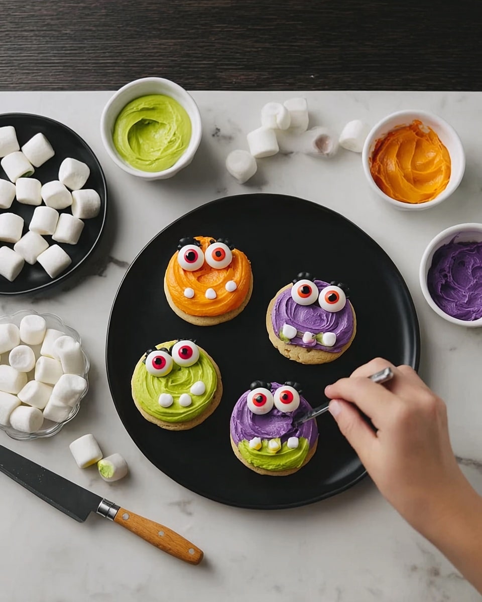 The image shows a black round plate on a white marbled surface holding five small stack treats that look like monster faces. Each treat has three layers: the bottom is a golden round base, the middle is a bright colored spread with orange, green, or purple hues, and the top layer is shaped like monster eyes made from white candy with red and black centers. There are small orange candy teeth peeking from under the middle layer of some treats. A woman's hand is placing an eye on one of the green spread treats. Surrounding the black plate are four small white bowls: one holds green spread with a black spatula, one has orange spread and a wooden-handled knife, one has purple spread with a metal knife, and one contains white mini marshmallows. To the left, there is a black plate full of candy eyes. The photo taken with an iphone --ar 4:5 --v 7