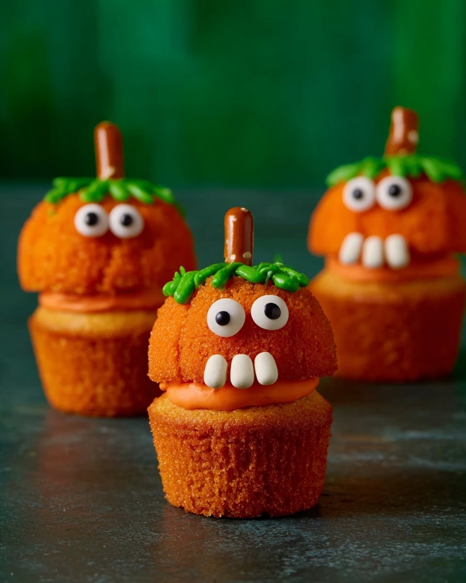 Three orange cupcakes are arranged on a dark gray white marbled surface with a green background. Each cupcake has two layers: the bottom round part and the top dome-shaped part, both bright orange with a textured surface. A thin, smooth, red-orange band of frosting separates the two layers like a mouth. Each cupcake has two small, round white candy eyes with black centers on the top layer and white candy teeth on the red band—one cupcake has one large tooth, and the other two have two smaller teeth. Green icing shaped like leaves and vines decorates the top of each cupcake. A thin pretzel stick is placed vertically on top, resembling a pumpkin stem. Photo taken with an iphone --ar 4:5 --v 7