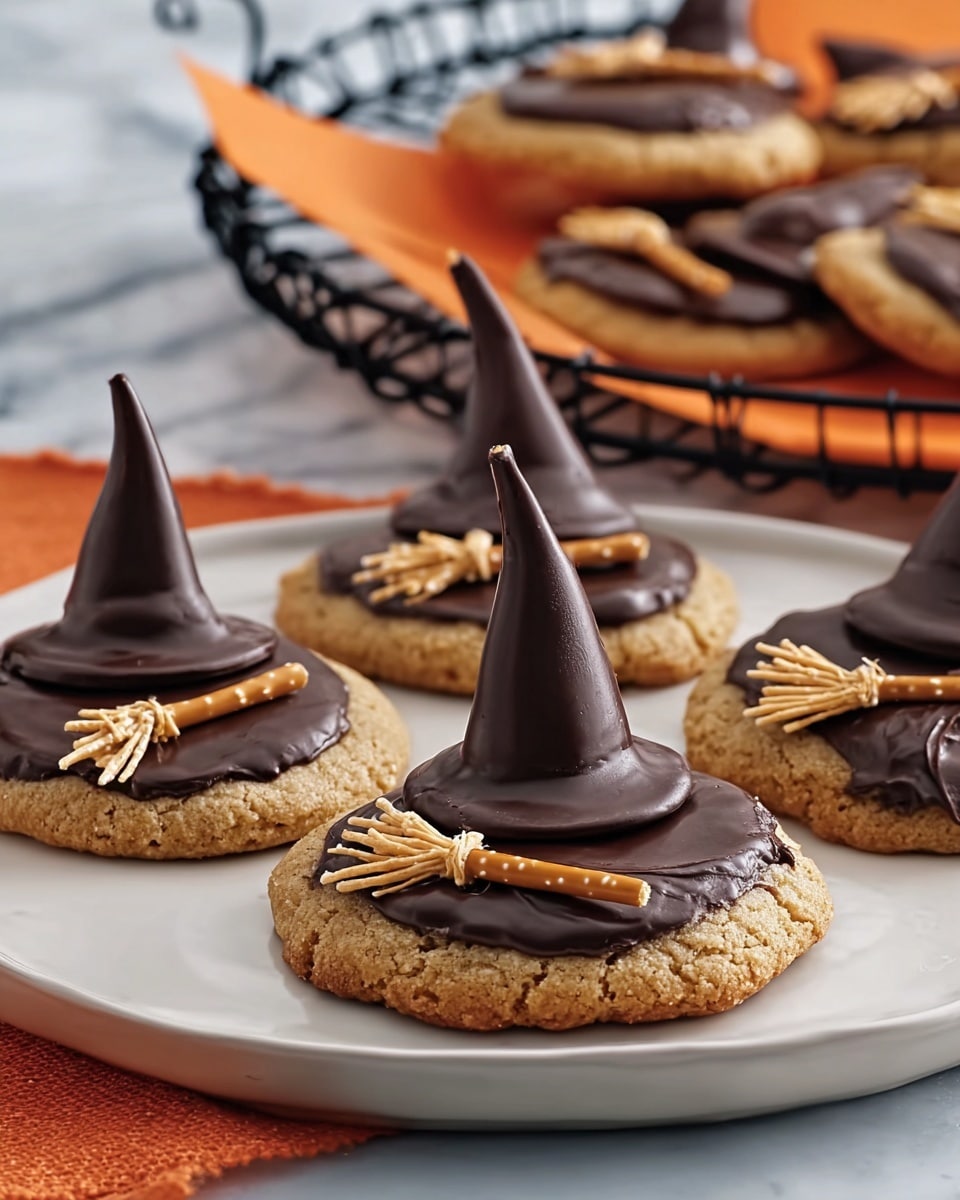 The image shows round cookies with a base layer of light brown cookie dough that looks soft and crumbly. Each cookie is partly covered on top with dark, glossy chocolate spread in an uneven layer, mainly on one side. On the chocolate, there is a small upright witch's hat made from solid dark chocolate shaped like a cone. Next to the hat lies a tiny broomstick made from a thin brown pretzel stick and light beige shredded cereal or shredded wheat at one end, resembling the broom's bristles. The cookies are placed on a shiny white plate, and the background surface is a white marble texture with some cookies in a black wire basket lined with orange paper behind the plate. Photo taken with an iphone --ar 4:5 --v 7