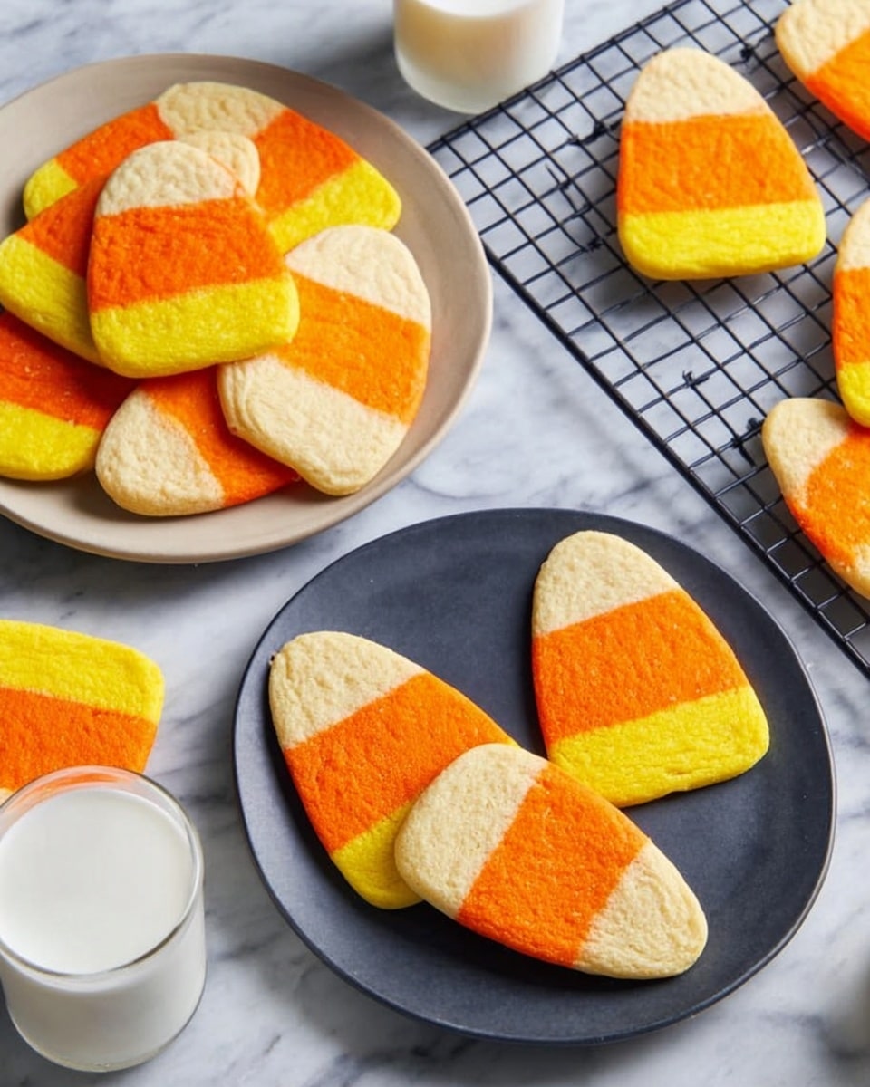 The image shows ten candy corn shaped cookies on a black cooling rack. Each cookie has three horizontal layers: the top layer is pale cream, the middle layer is bright orange, and the bottom layer is vibrant yellow. The cookies have a soft, slightly textured surface and are evenly spaced in two rows of five. The rack sits on a white marbled surface, adding contrast to the warm colors of the cookies. photo taken with an iphone --ar 4:5 --v 7