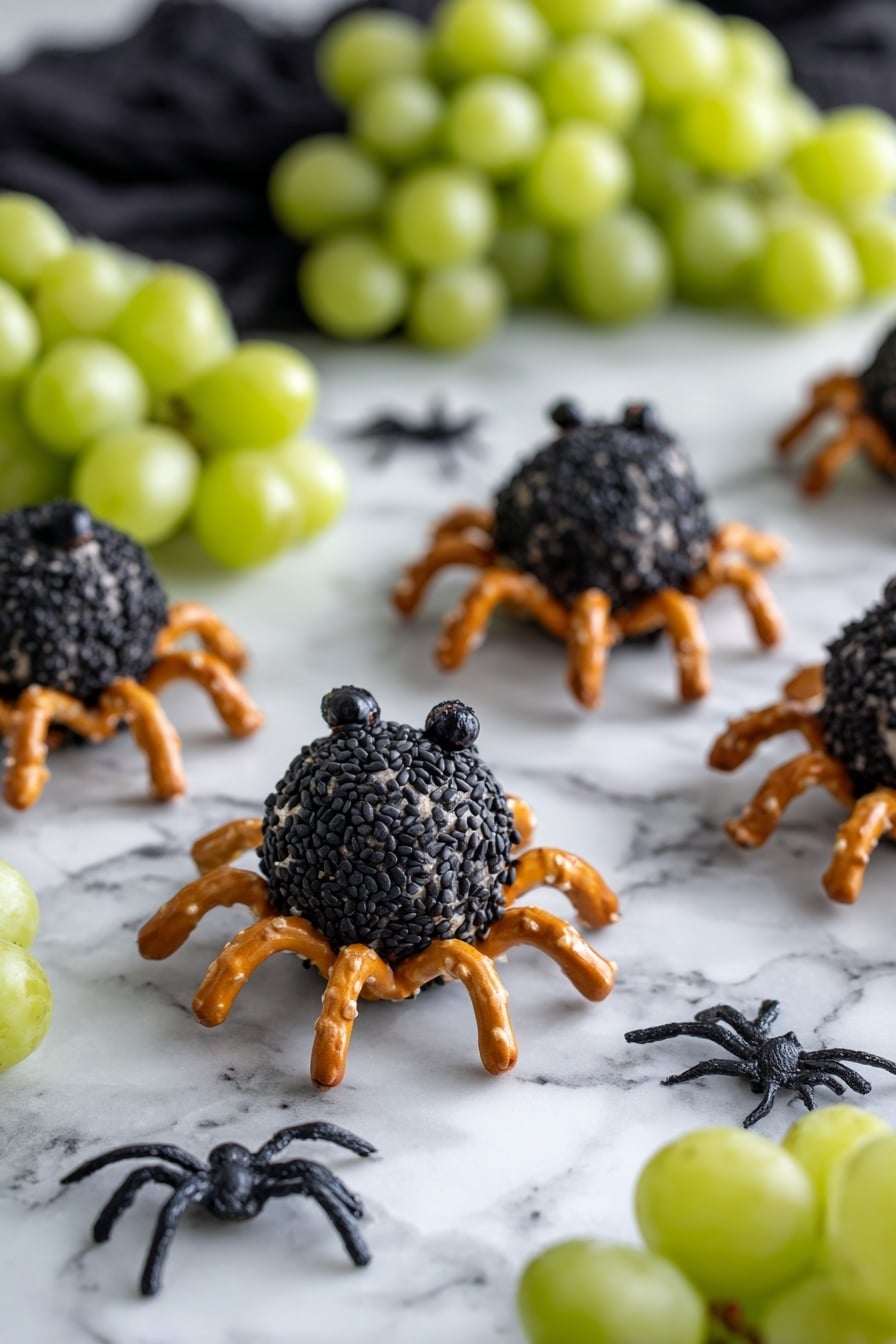 The image shows a close-up of a Halloween-themed snack with spider shapes made from round cheese balls covered in black sesame seeds. Each cheese ball forms the spider's body, with eight pretzel sticks attached as legs, radiating outward. The spiders are placed on a white marbled surface with clusters of green grapes in the background, adding contrast. A piece of black cloth and a small black plastic spider decoration are also visible, giving a spooky touch. The focus is sharp on the spider in the center, with a soft blur on the others. Photo taken with an iphone --ar 2:3 --v 7 - Spider Cheeseballs for Halloween, Halloween appetizer ideas, spooky cheese ball recipes, easy Halloween party snacks, creepy Halloween appetizers