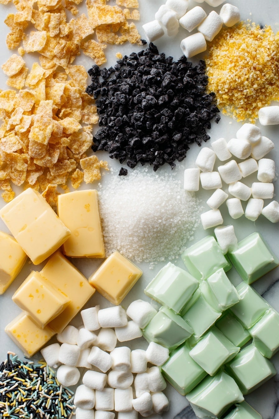 Flat lay of pale green candy melts with a smooth, glossy texture, rich black candy melts with a shiny surface, soft and puffy mini white marshmallows, golden yellow unsalted butter blocks, light golden crunchy rice krispie cereal clusters, tiny black jimmies sprinkles scattered loosely, bright white royal icing eyes with black pupils, all carefully arranged with natural spacing and slight overlaps to showcase their colors and textures, placed on white marbled surface, photo taken with an iphone --ar 2:3 --v 7 - Frankenstein Halloween Rice Krispie Treats, Halloween Rice Krispie Treats, Spooky Halloween Snacks, Festive Halloween Dessert, Easy Halloween Treats