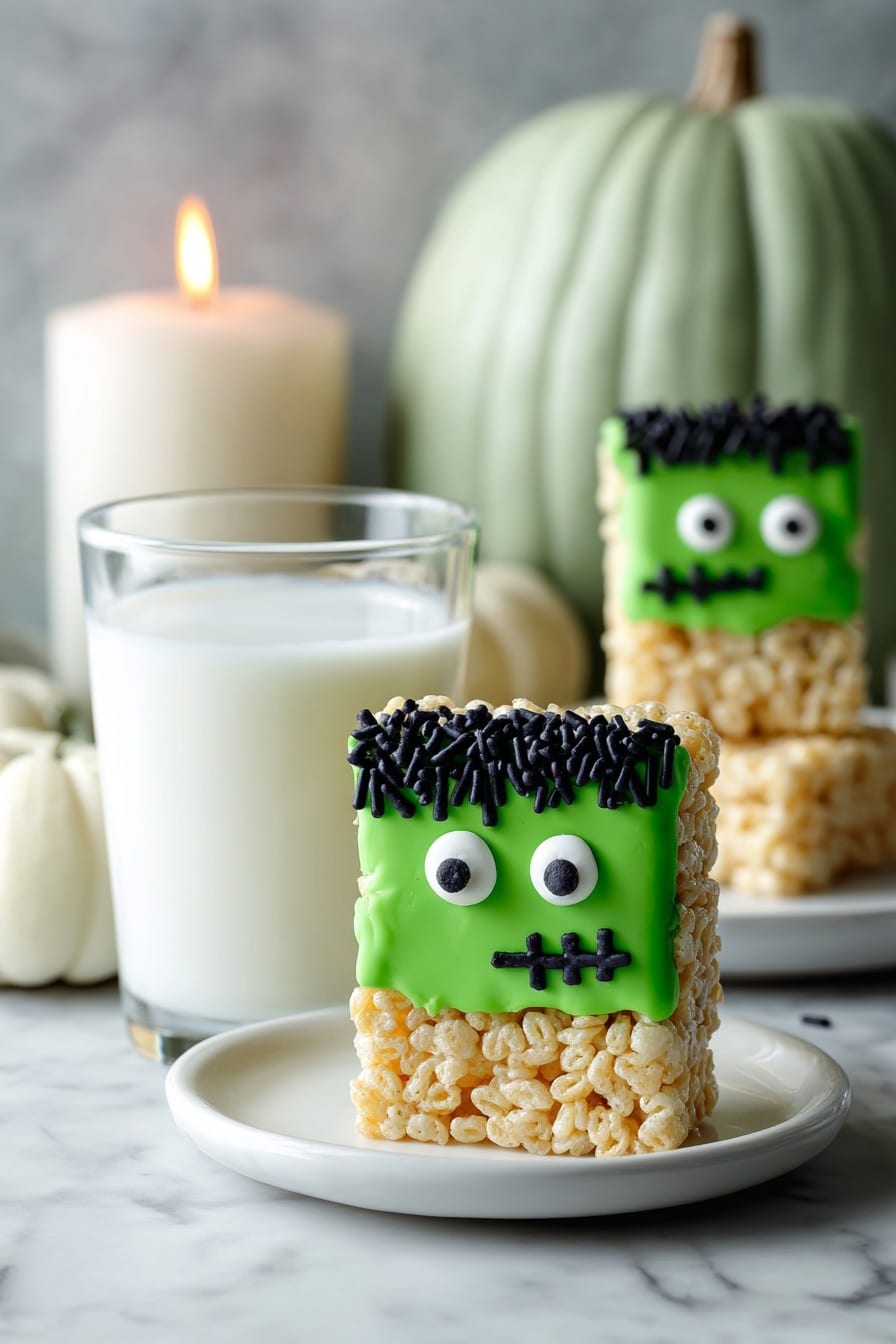 The dish shows a close-up of a square rice crispy treat shaped like a Frankenstein monster. It has two layers: the bottom layer is light golden crispy rice, and the top layer is bright green icing forming the monster’s face. The face has black icing hair with small black sprinkles, white and black candy eyes, and a small black icing scar on one cheek. One piece leans against a clear glass of milk in the foreground, while three more sit on a white plate in the background on a white marbled surface. A large pale green pumpkin and a small white pumpkin are seen in the blurred background along with a lit white candle photo taken with an iphone --ar 2:3 --v 7 - Frankenstein Halloween Rice Krispie Treats, Halloween Rice Krispie Treats, Spooky Halloween Snacks, Festive Halloween Dessert, Easy Halloween Treats