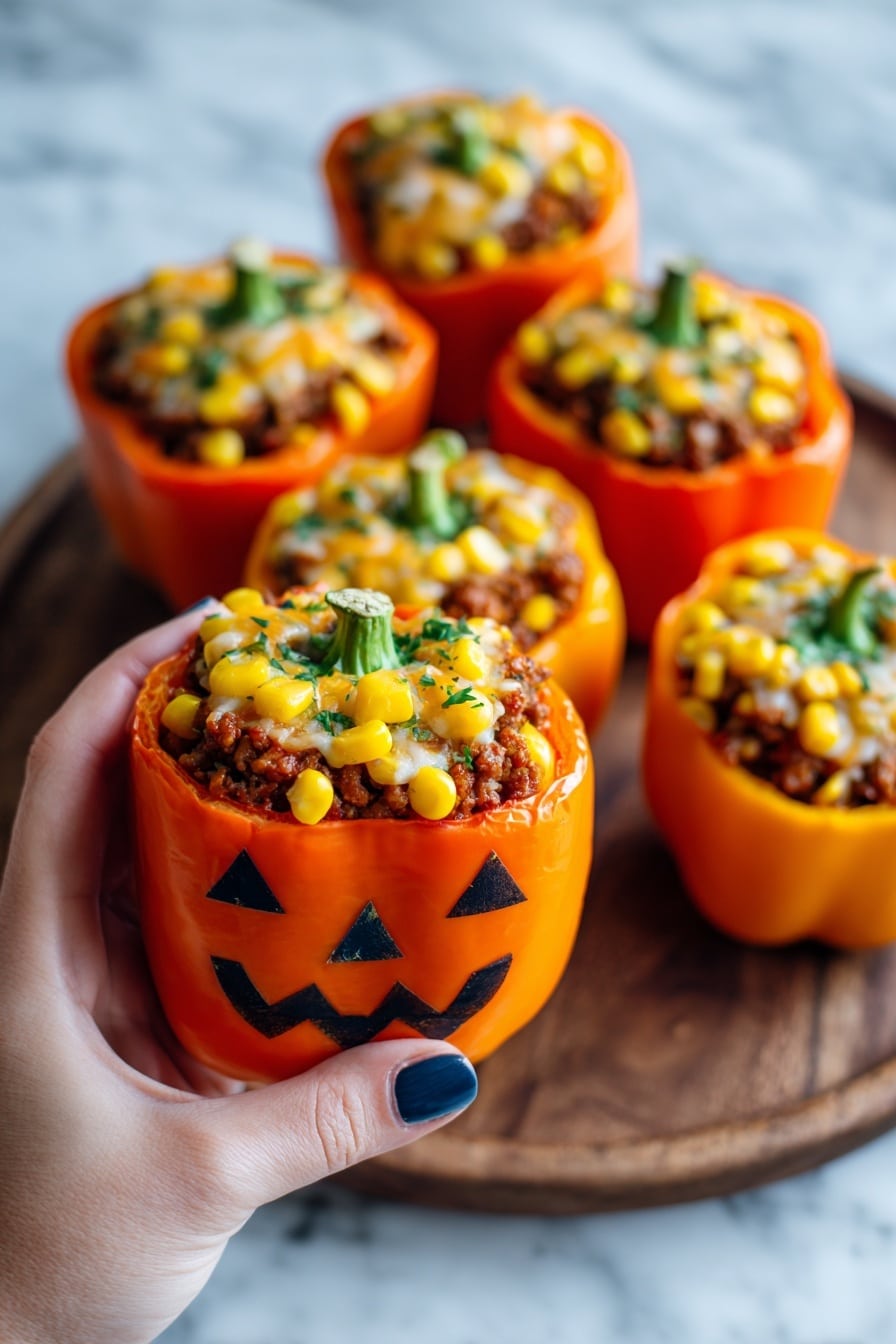 The image shows three orange bell peppers carved to look like jack-o'-lanterns, each filled with a dark brown mixture topped with shredded white and yellow cheese. The peppers have triangular eyes and a mouth with two teeth carved on the front. One pepper is in the front with its lid removed and placed leaning on the side, showing the hollow inside. All three peppers sit on a white plate, which is placed on a round wooden slab with bark around the edge, and the background is a white marbled texture. Photo taken with an iphone --ar 2:3 --v 7 - Jack-o-lantern Stuffed Bell Peppers, Halloween stuffed peppers, festive stuffed vegetable recipe, cheesy stuffed bell peppers, kid-friendly Halloween dinner
