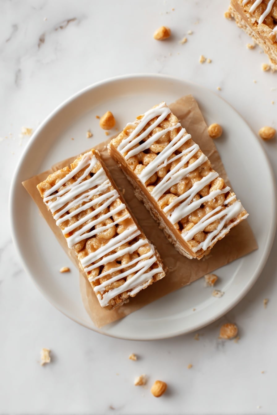 The image shows two square cereal bars placed side by side on a white plate with a small piece of brown parchment paper under them. Each bar has three visible layers: the base is light beige puffed cereal, the middle is a sticky peanut butter layer stretching slightly where a bite has been taken from the front bar, and the top has white icing drizzled in thin lines across the surface, adding texture. There are small crumbs around the bars on the plate, which is set on a white marbled surface. Photo taken with an iphone --ar 2:3 --v 7 - Butterscotch Pumpkin Cheerio Treat Bars, seasonal fall snack recipes, easy pumpkin bar recipes, no-bake fall treats, pumpkin spice dessert bars