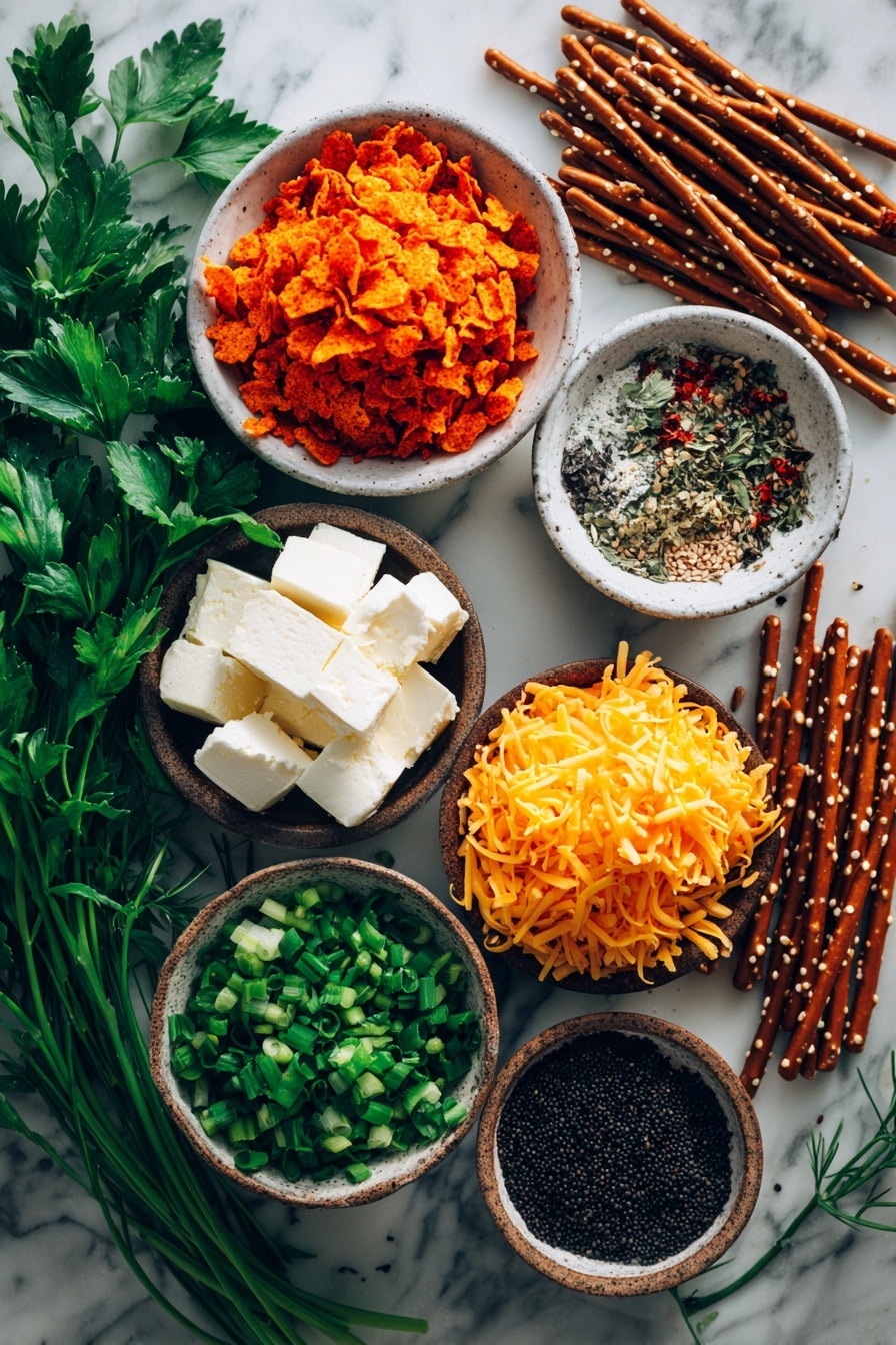 Flat lay of bright orange crushed Nacho Cheese Doritos crumbs, creamy white blocks of cream cheese, vibrant golden grated cheddar cheese, glossy deep red roasted red peppers, fresh bright green chopped green onions, sprigs of fresh flat-leaf parsley with rich green leaves, a handful of rustic brown pretzel sticks, and small piles of shiny black sesame seeds, all naturally scattered and slightly overlapping to show varied textures and colors, placed on white marbled surface, photo taken with an iphone --ar 2:3 --v 7 - Mini Pumpkin Cheese Balls, festive appetizer ideas, fall party snacks, cheesy pumpkin bites, easy holiday appetizers
