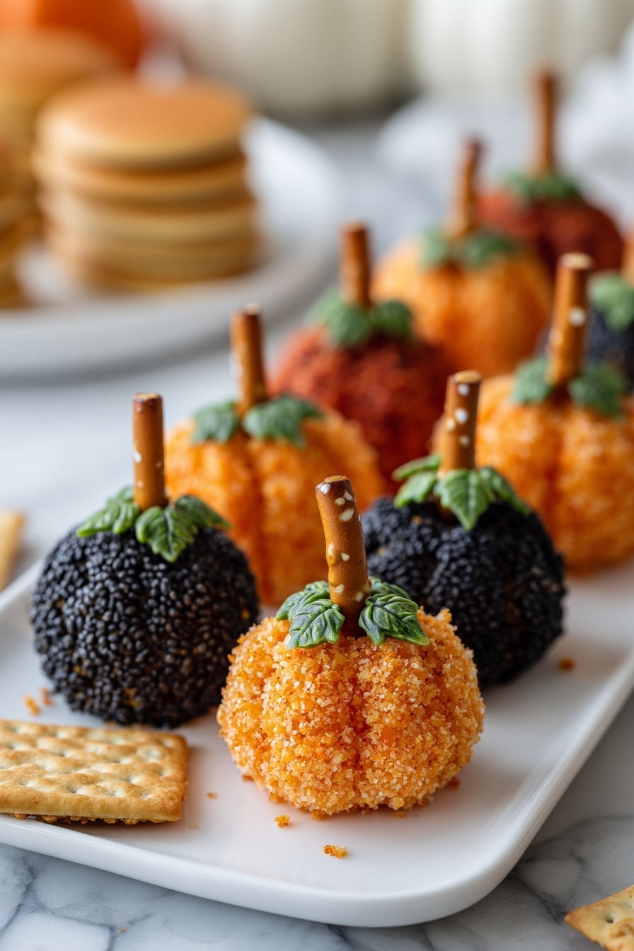 The image shows a white cake stand holding small pumpkin-shaped cheese balls. There are three types of cheese balls: some are coated with orange crumbs and decorated with small green herb leaves on top, each one having a pretzel stick in the center acting as a stem; others are coated with red spices and also have a pretzel stick stem; and the last group is covered in black and white sesame seeds, also topped with a pretzel stick and herb leaf. The cheese balls are arranged on the white cake stand in a mixed pattern. Below the stand, there are bunches of red grapes and various round and square crackers, all placed on a white marbled texture surface. Photo taken with an iphone --ar 2:3 --v 7 - Mini Pumpkin Cheese Balls, festive appetizer ideas, fall party snacks, cheesy pumpkin bites, easy holiday appetizers