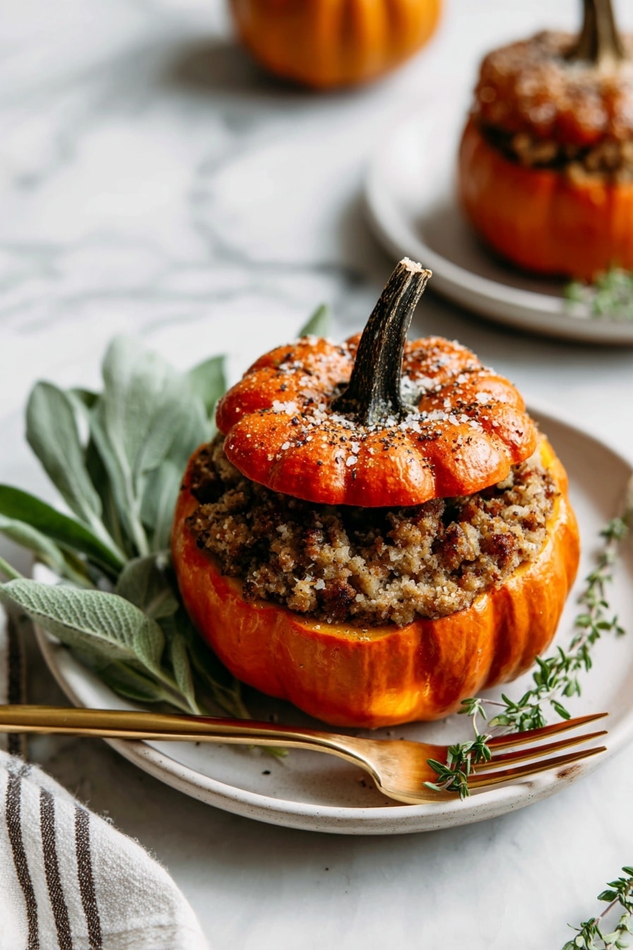 The image shows a small bright orange pumpkin stuffed with a crumbly and chunky brown filling that looks like a mix of cooked vegetables and grains. The pumpkin is topped with its own orange lid, which is slightly shiny and has a dark brown stem. The pumpkin is being lifted by a gold-colored spoon above a black pan filled with other similar stuffed pumpkins arranged in a circle. In the background, there is a white plate with another pumpkin and a woman's hand holding chopsticks, as well as a gray basket holding several bright orange pumpkins. The whole scene sits on a white marbled surface. photo taken with an iphone --ar 2:3 --v 7 - Stuffed Mini Pumpkins with Savory Ground Beef and Pumpkin Puree, fall pumpkin appetizer, stuffed pumpkin recipe, savory pumpkin dinner, festive mini pumpkin bites