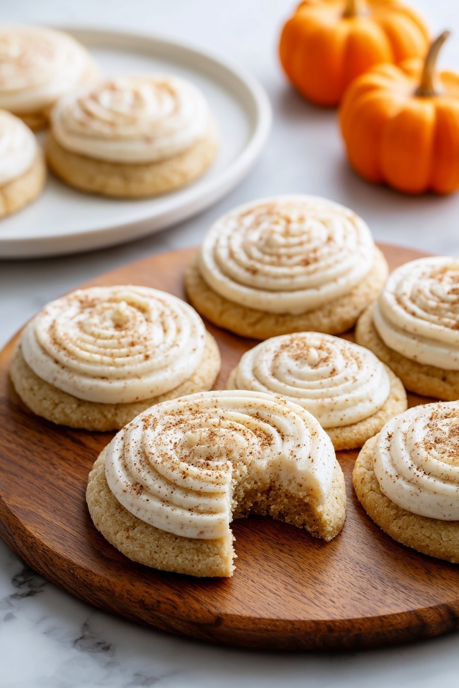 The image shows several round cookies arranged on a wooden board and a white plate. Each cookie has two layers: the bottom layer is a golden-brown cookie base with a slightly rough texture, and the top layer is a thick, light beige cream piped in a spiral shape with a dusting of brown powder on top. One cookie in the front has a bite taken out of it, revealing the soft inner texture. The background features a white marbled surface and two small orange decorative pumpkins. Photo taken with an iphone --ar 2:3 --v 7 - Soft Pumpkin Cookies with Cinnamon Frosting, pumpkin spice cookies, fall dessert recipes, easy pumpkin cookie recipe, holiday baking treats
