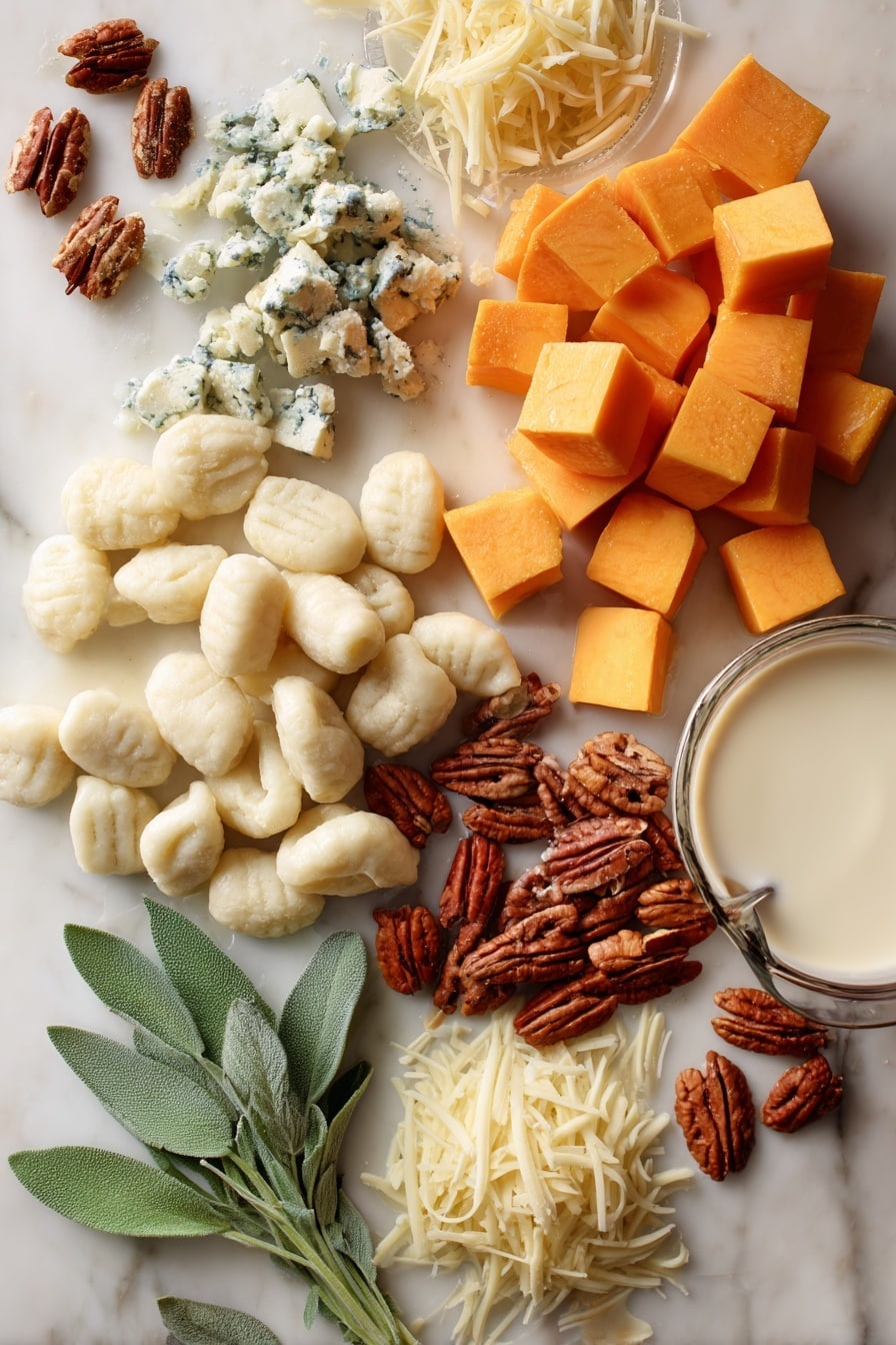 Flat lay of vibrant orange pumpkin cubes with smooth skin, soft white gnocchi dumplings nestled nearby, crumbled creamy blue cheese showing its marbled texture, glossy green sage leaves with delicate veins, scattered rich brown pecans with rugged surfaces, smooth white dairy cream in a gentle pour, shredded pale yellow mozzarella cheese strands catching light softly, all arranged naturally and invitingly in small clusters and gentle piles, placed on white marbled surface, photo taken with an iphone --ar 2:3 --v 7 - Pumpkin Gnocchi Bake with Blue Cheese, Pumpkin Gnocchi Bake, Easy Autumn Gnocchi, Cozy Fall Dinner Ideas, Blue Cheese Gnocchi Bake