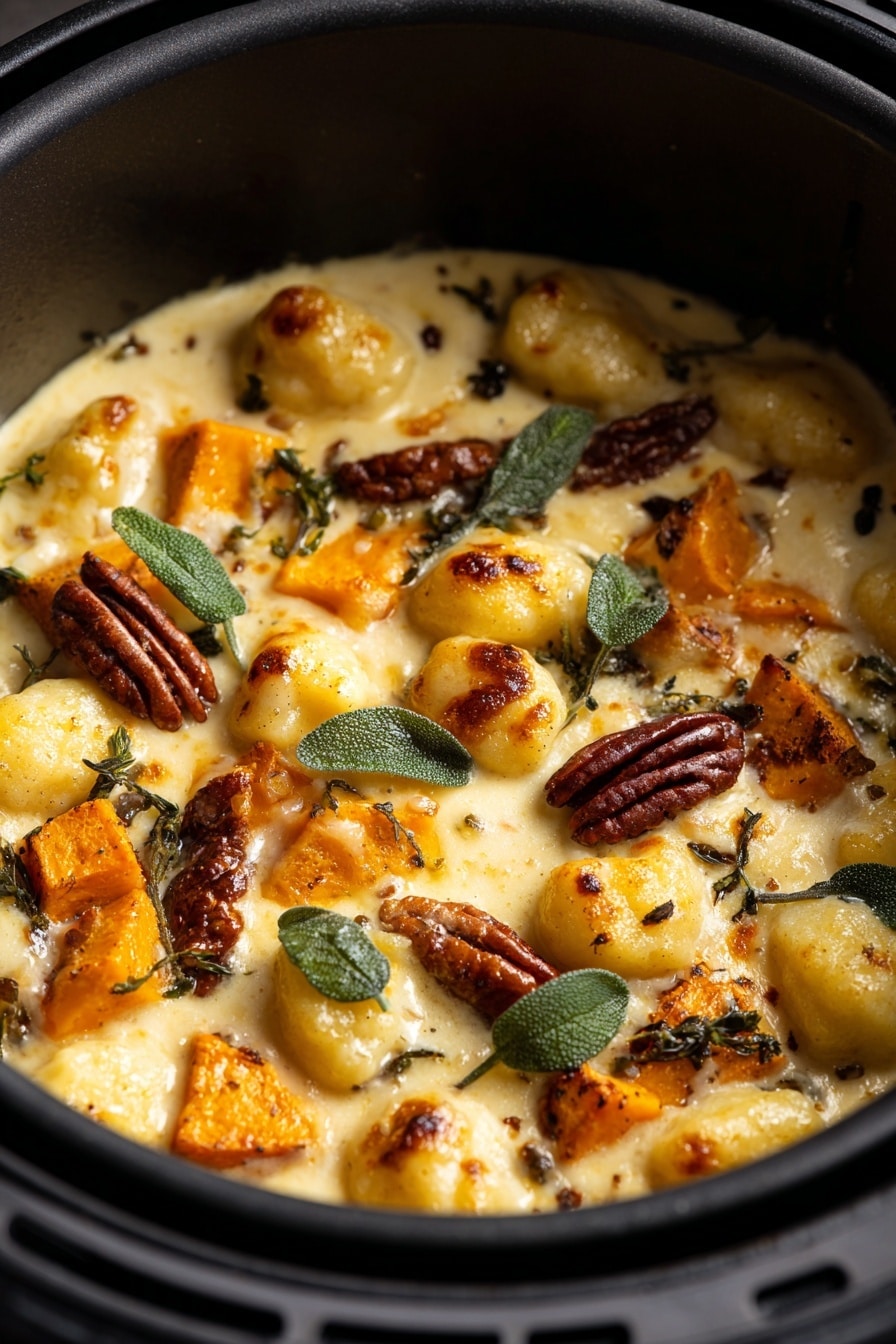 The image shows a dish inside a black air fryer basket filled with a creamy, golden baked casserole. The top layer has golden cheese with soft, light yellow gnocchi pieces scattered around. There are roasted orange squash chunks with a slightly caramelized surface spread evenly. Dark brown pecans add texture and color contrast, while fresh sage leaves with a deep green color are scattered on top, adding fresh detail. The creamy sauce layer beneath is smooth and visible between the gnocchi and squash. The light source highlights the glossy texture and rich colors, creating a warm and inviting look. Photo taken with an iphone --ar 2:3 --v 7 - Pumpkin Gnocchi Bake with Blue Cheese, Pumpkin Gnocchi Bake, Easy Autumn Gnocchi, Cozy Fall Dinner Ideas, Blue Cheese Gnocchi Bake