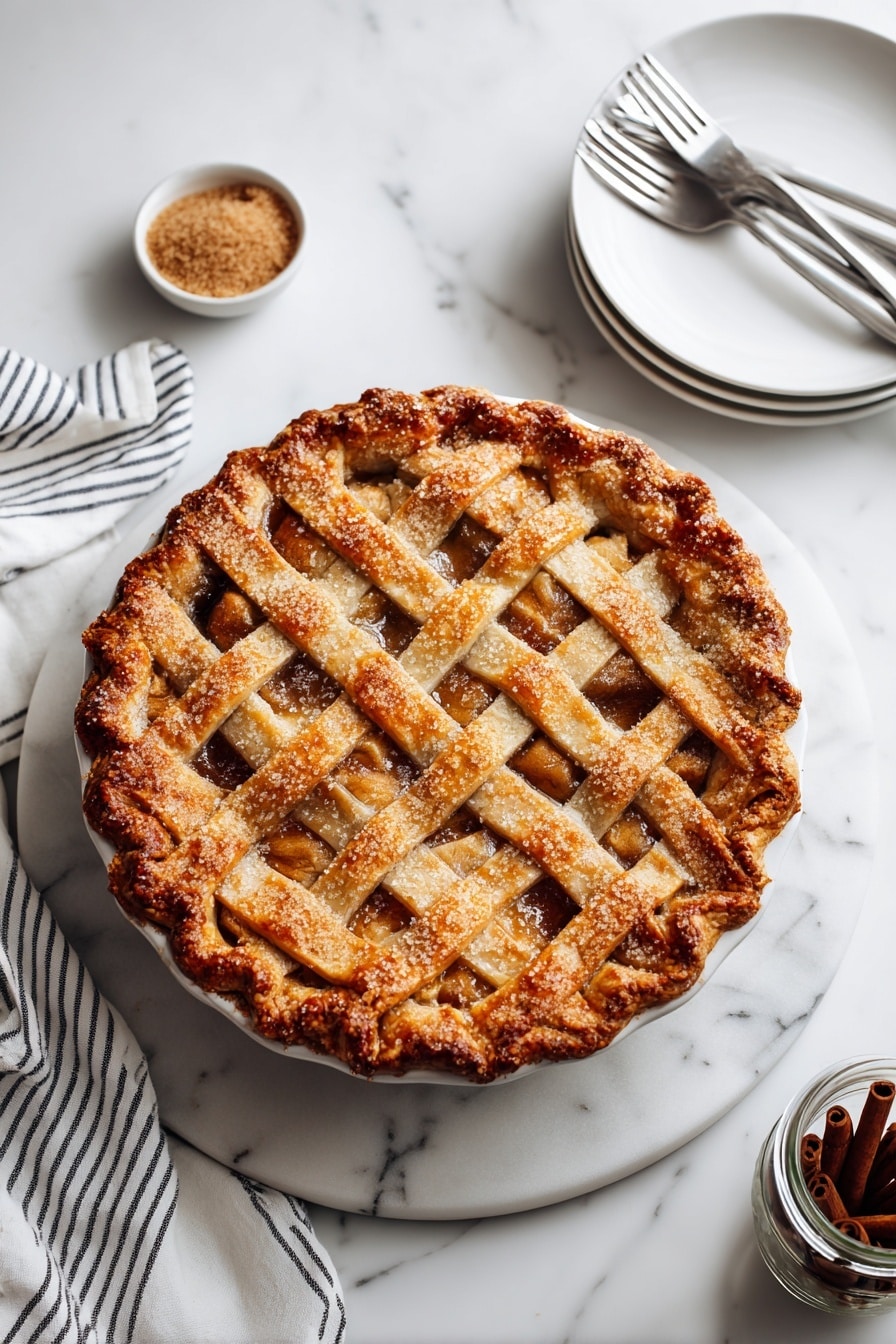 A slice of apple pie sits on a white plate with a silver fork beside it. The pie has a golden brown crust that looks crisp and flaky, with visible sugar crystals on top. Inside the crust, there are soft, baked apple pieces in a warm brown sauce. On top of the pie slice, there is a single scoop of white vanilla ice cream beginning to melt slightly, showing tiny vanilla bean specks. The background has a white marbled texture, and behind the plate, part of the rest of the pie on a white round tray is slightly out of focus. Photo taken with an iphone --ar 2:3 --v 7 - Apple Pie à la Mode, Apple Pie with Ice Cream, Classic Apple Pie Recipe, Cinnamon Apple Pie, Easy Apple Pie Dessert